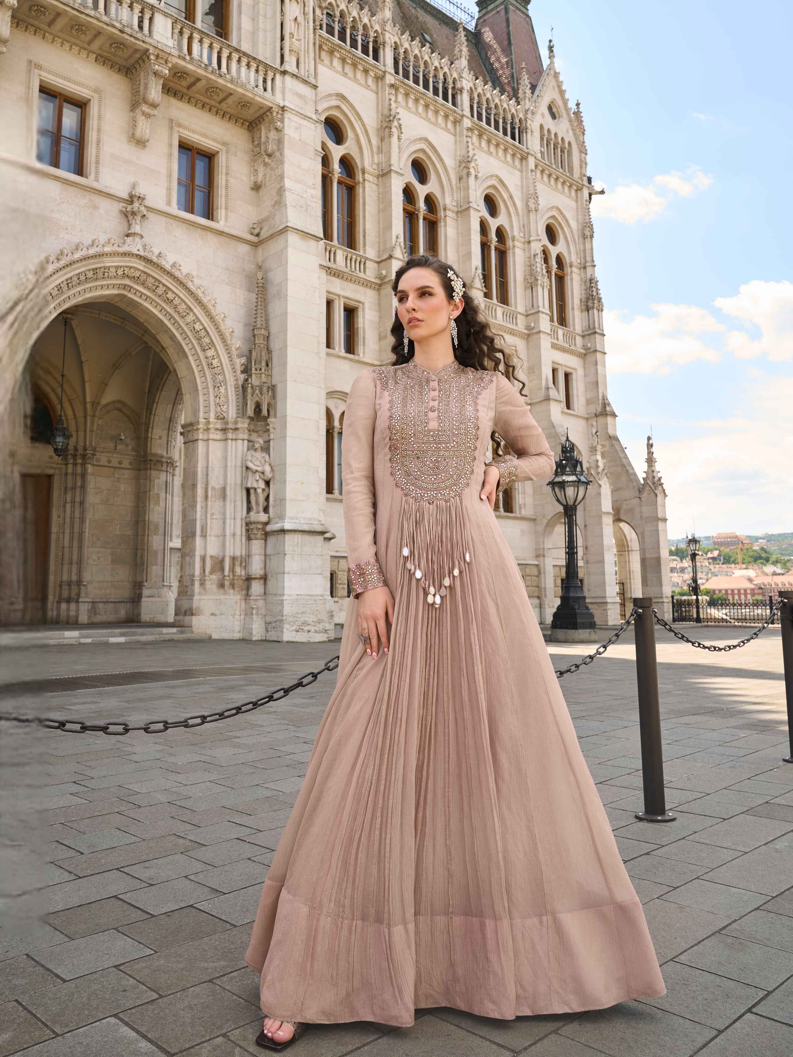Dusty Mauve Embroidered Chinon Silk Wedding Gown with Dupatta