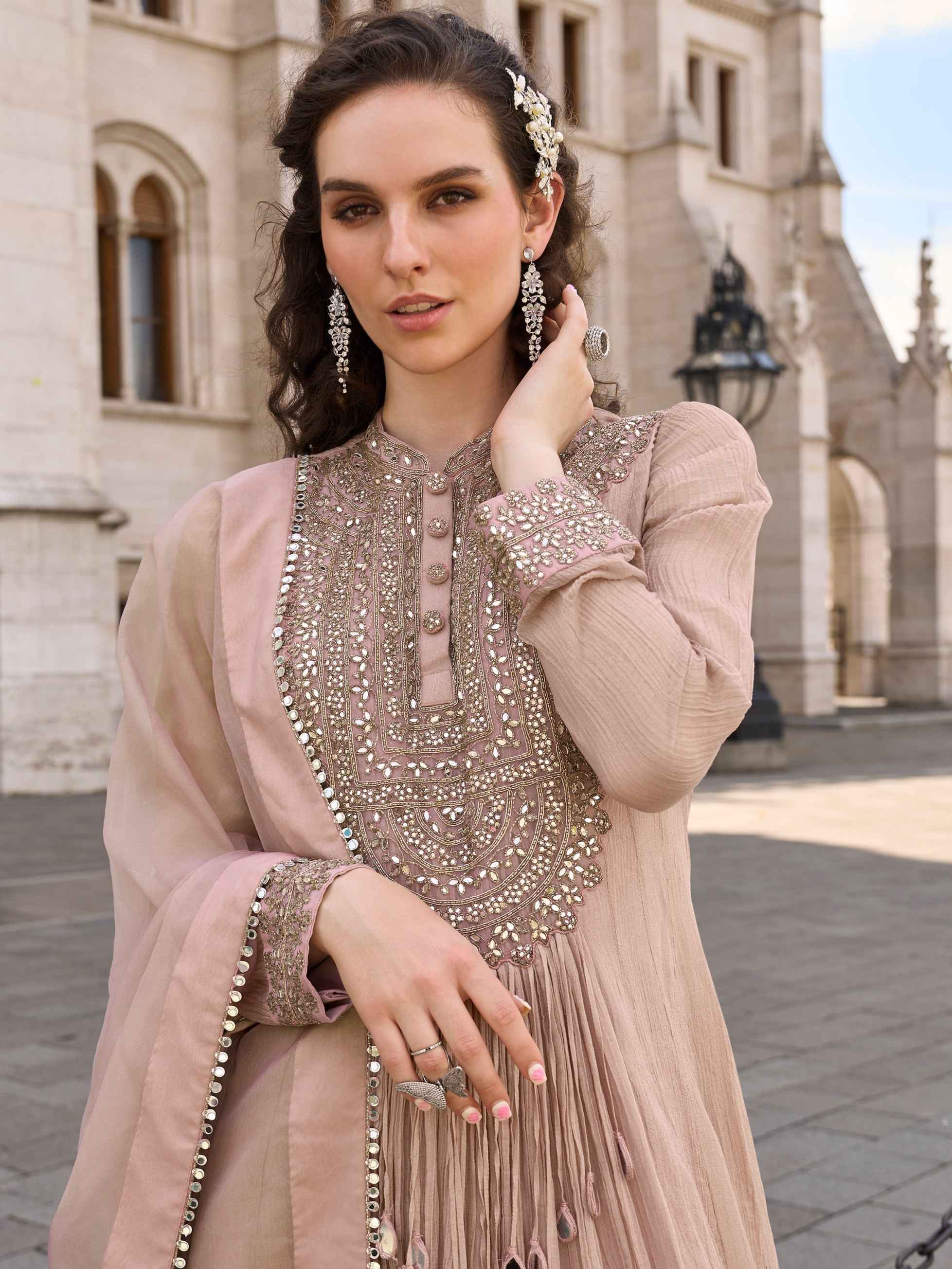 Dusty Mauve Embroidered Chinon Silk Wedding Gown with Dupatta