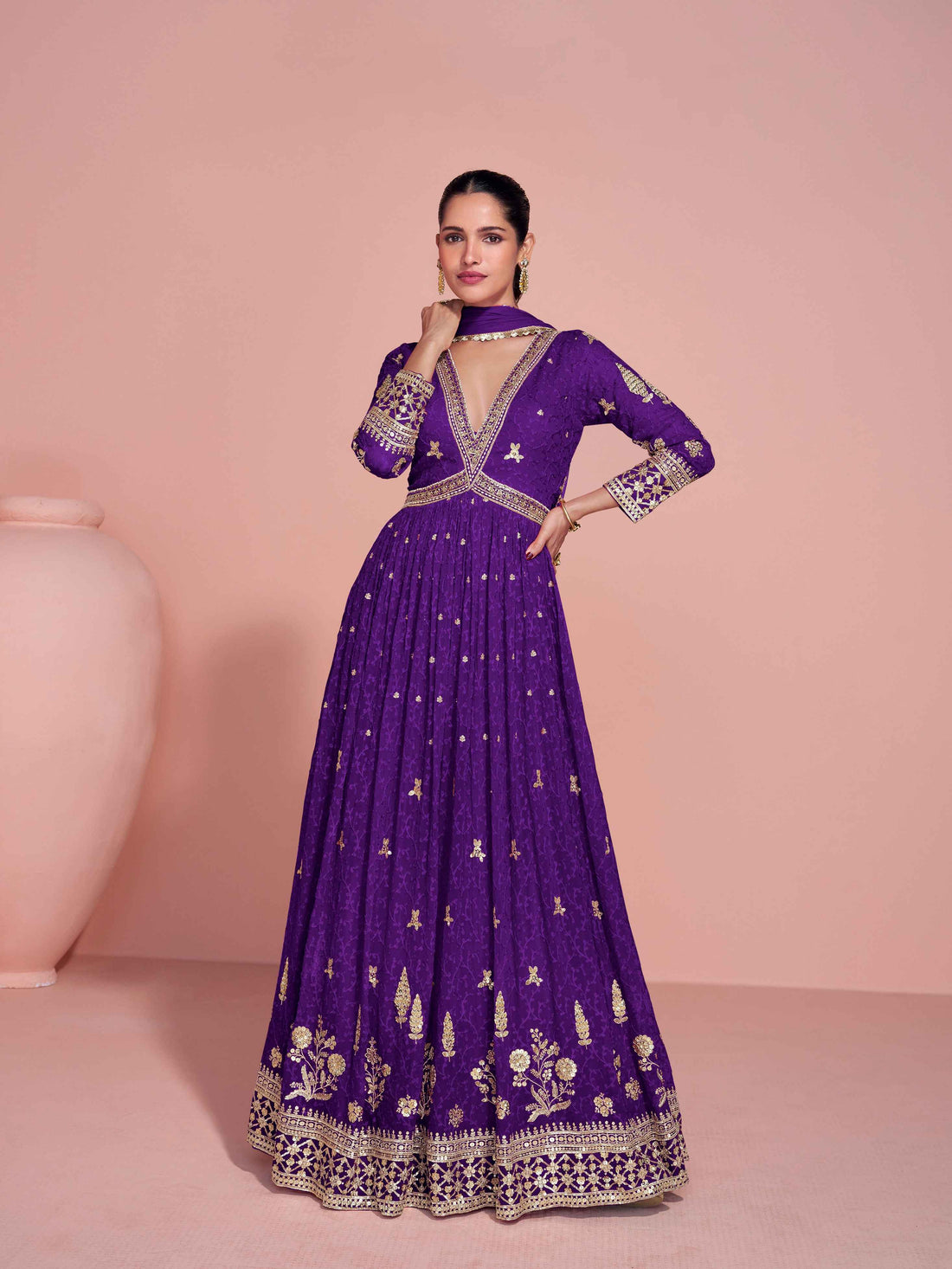 Royal Purple Heavy Embroidered Georgette Reception Gown Gown Anant Tex Exports Pvt.Ltd..