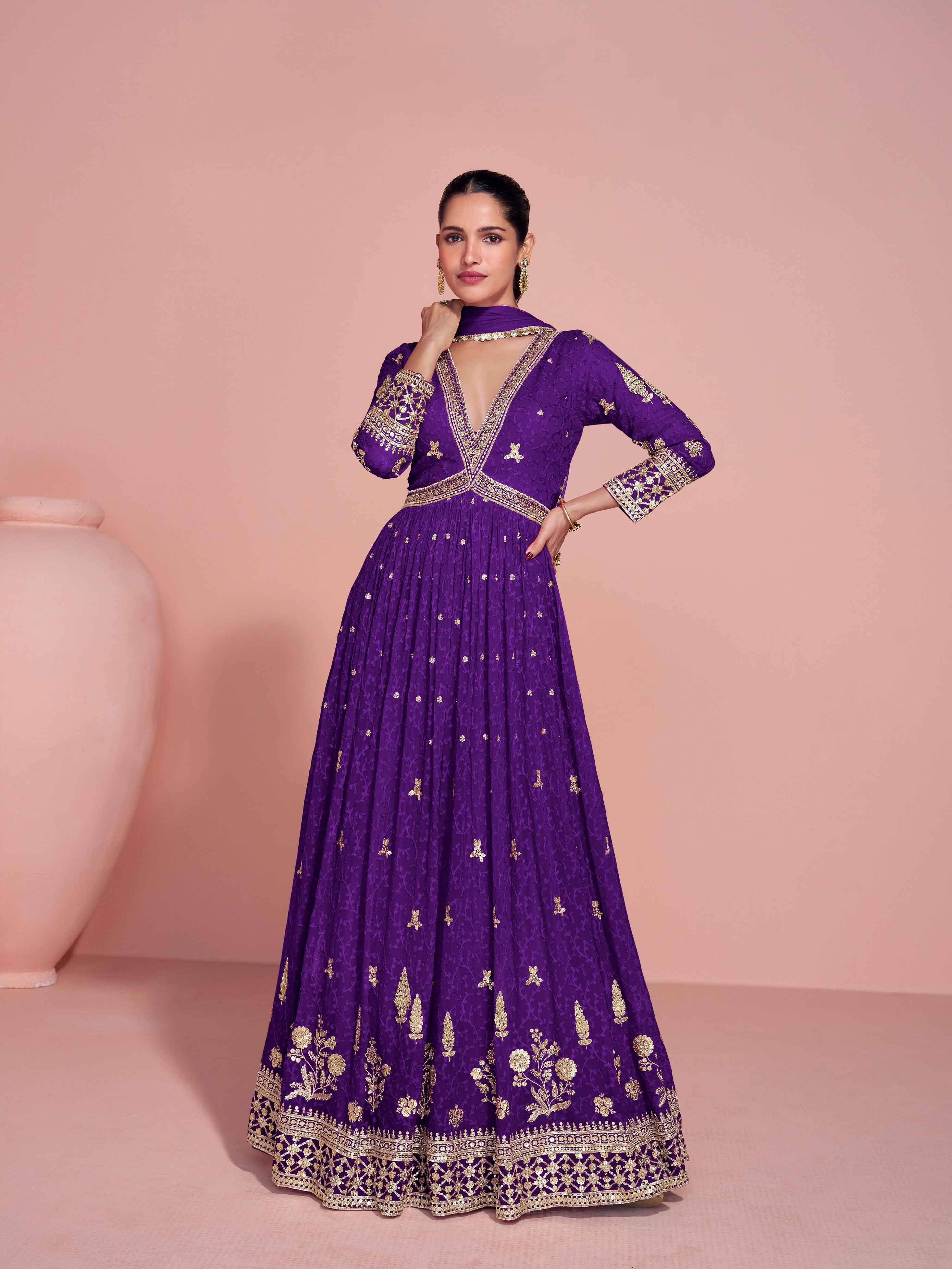 Royal Purple Heavy Embroidered Georgette Reception Gown