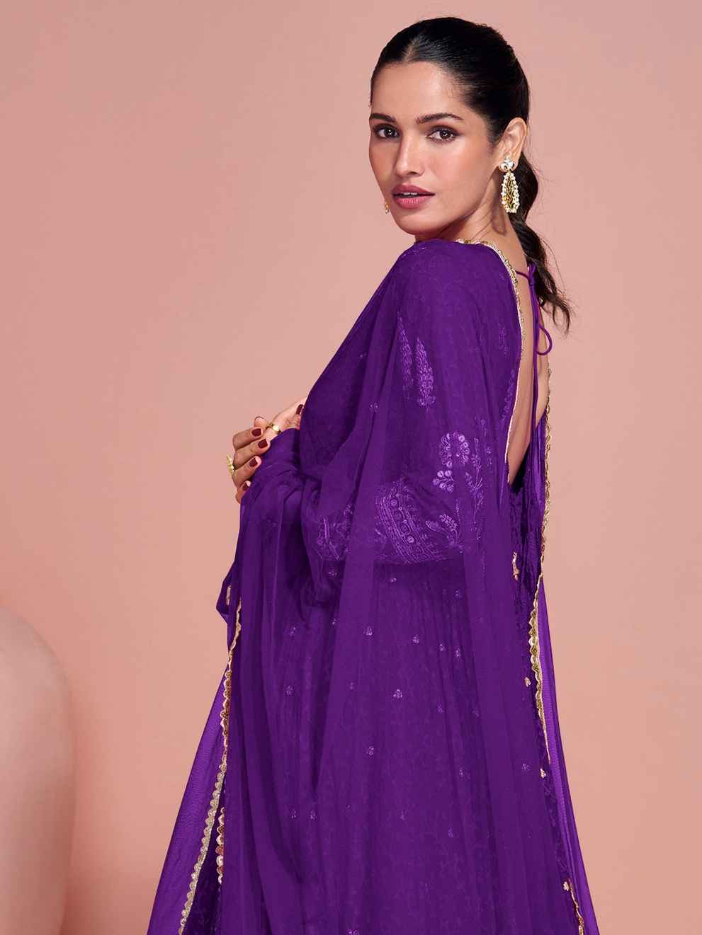 Royal Purple Heavy Embroidered Georgette Reception Gown