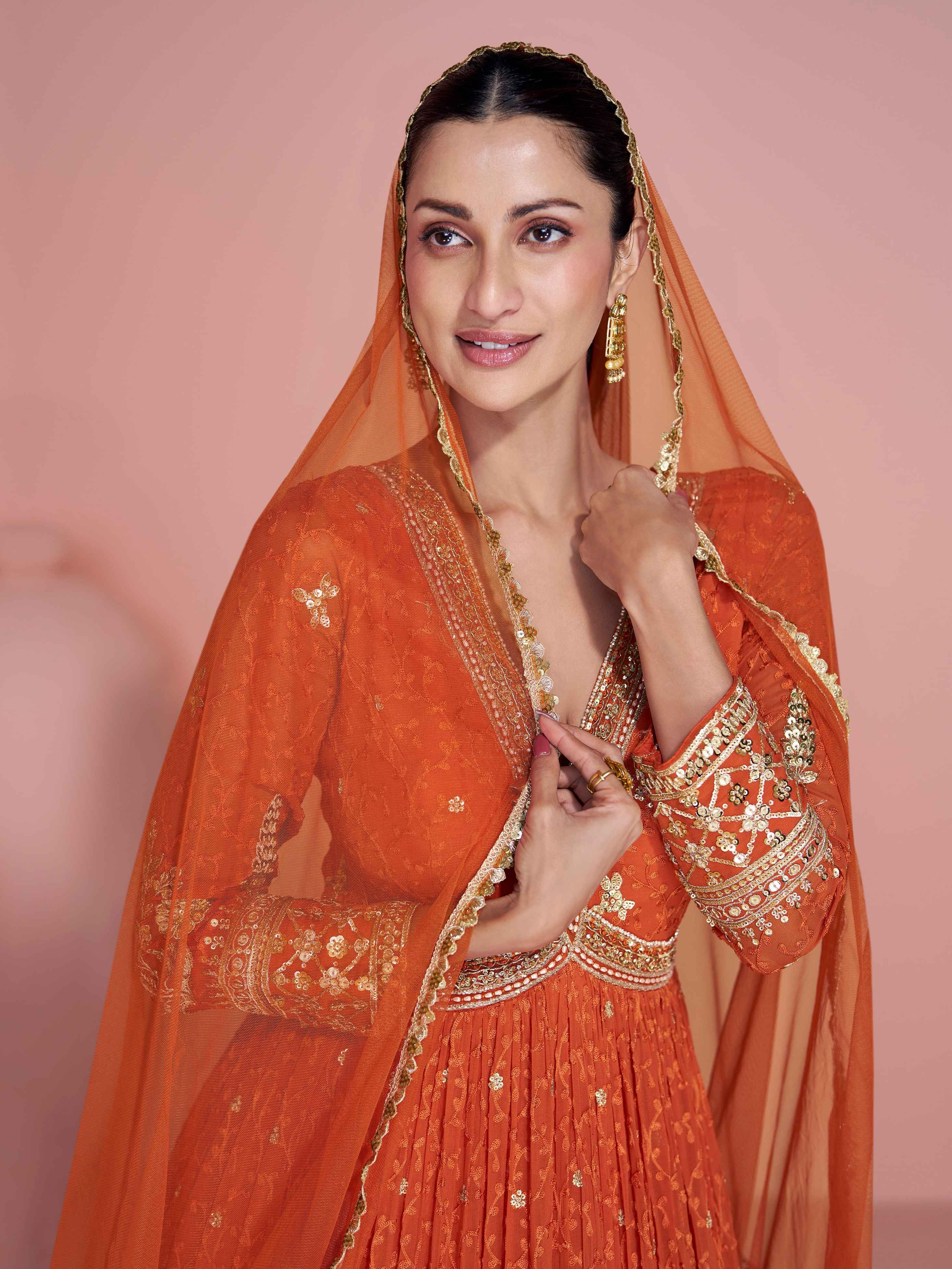 Rust Orange Bridal Partywear Embroidered Georgette Gown