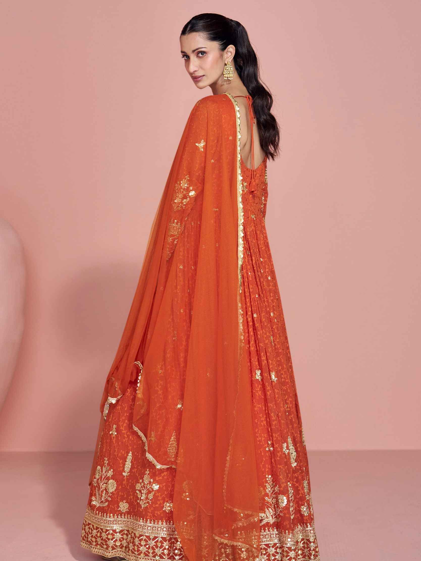 Rust Orange Bridal Partywear Embroidered Georgette Gown