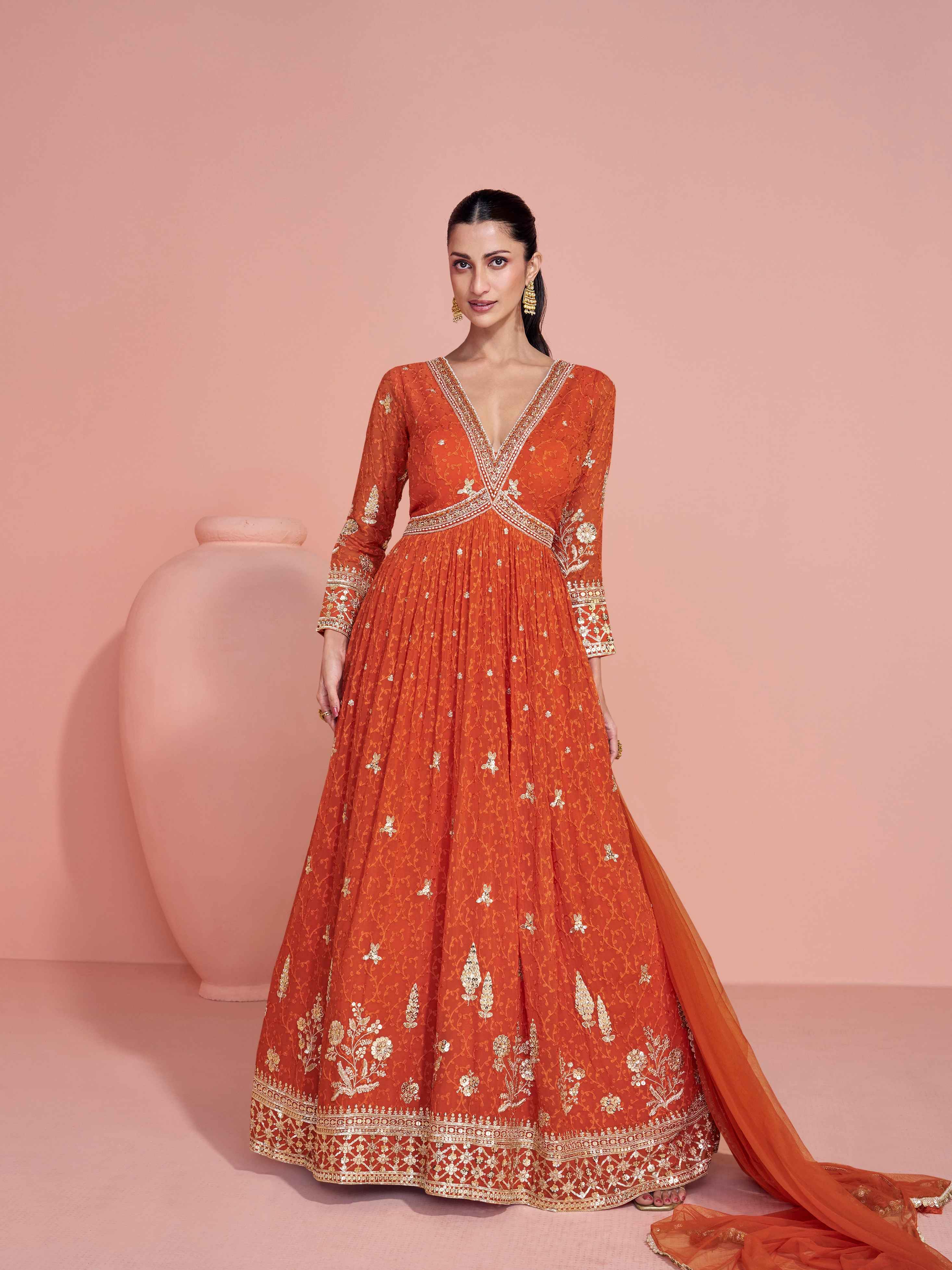 Rust Orange Bridal Partywear Embroidered Georgette Gown