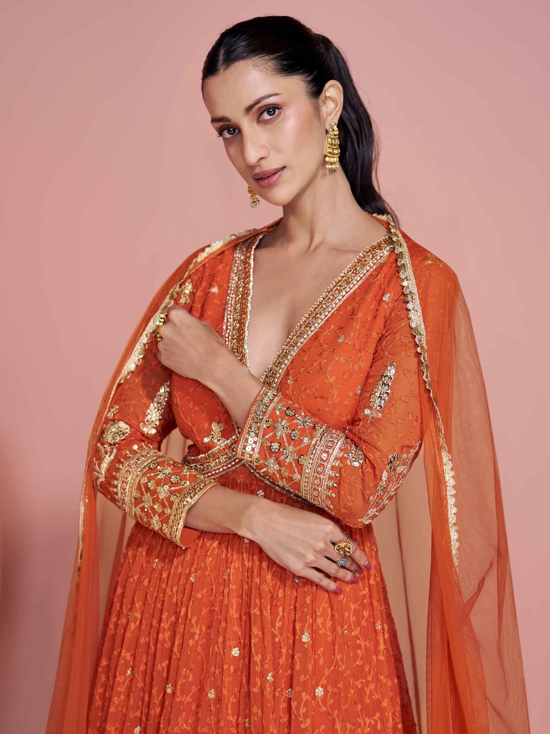 Rust Orange Bridal Partywear Embroidered Georgette Gown
