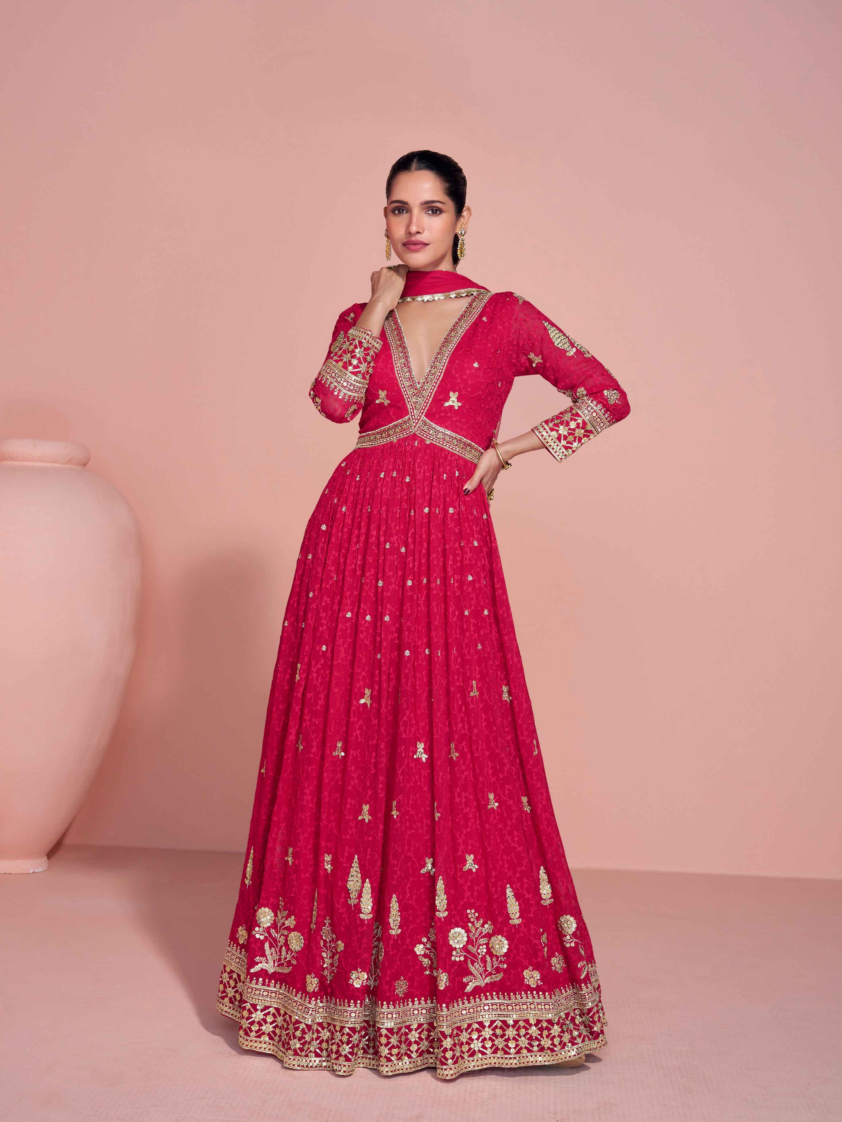 Rani Pink Heavy Embroidered Georgette Wedding Gown with Dupatta