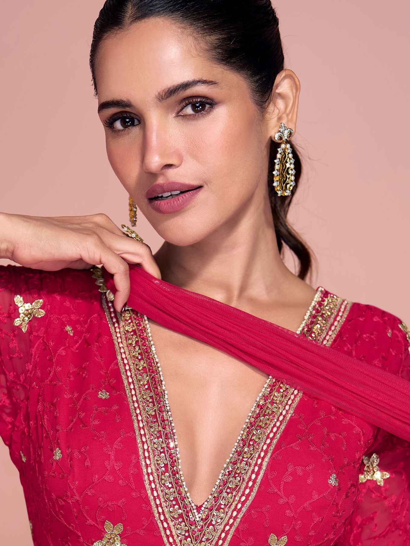 Rani Pink Heavy Embroidered Georgette Wedding Gown with Dupatta