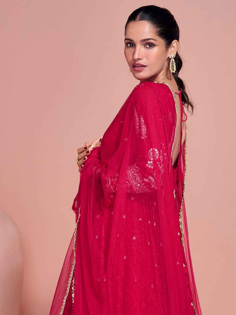 Rani Pink Heavy Embroidered Georgette Wedding Gown with Dupatta