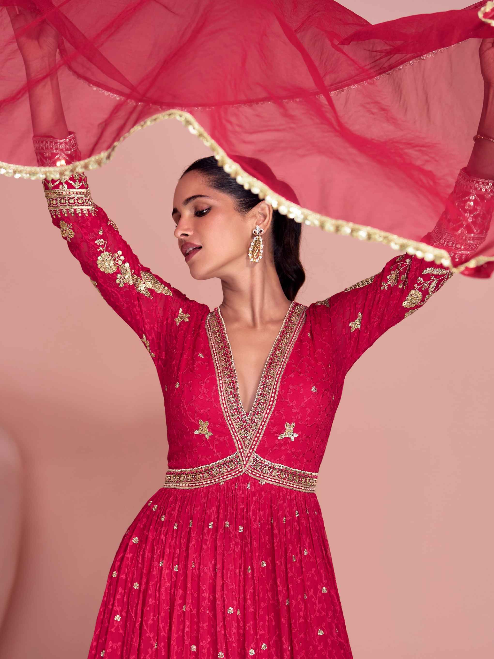 Rani Pink Heavy Embroidered Georgette Wedding Gown with Dupatta