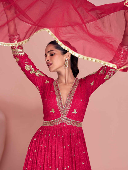 Rani Pink Heavy Embroidered Georgette Wedding Gown with Dupatta Gown Anant Tex Exports Pvt.Ltd..