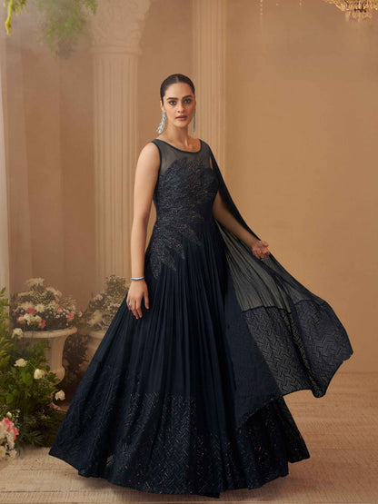 Navy Blue Heavy Embellished Chinon Silk Reception Gown Gown Anant Tex Exports Pvt.Ltd..