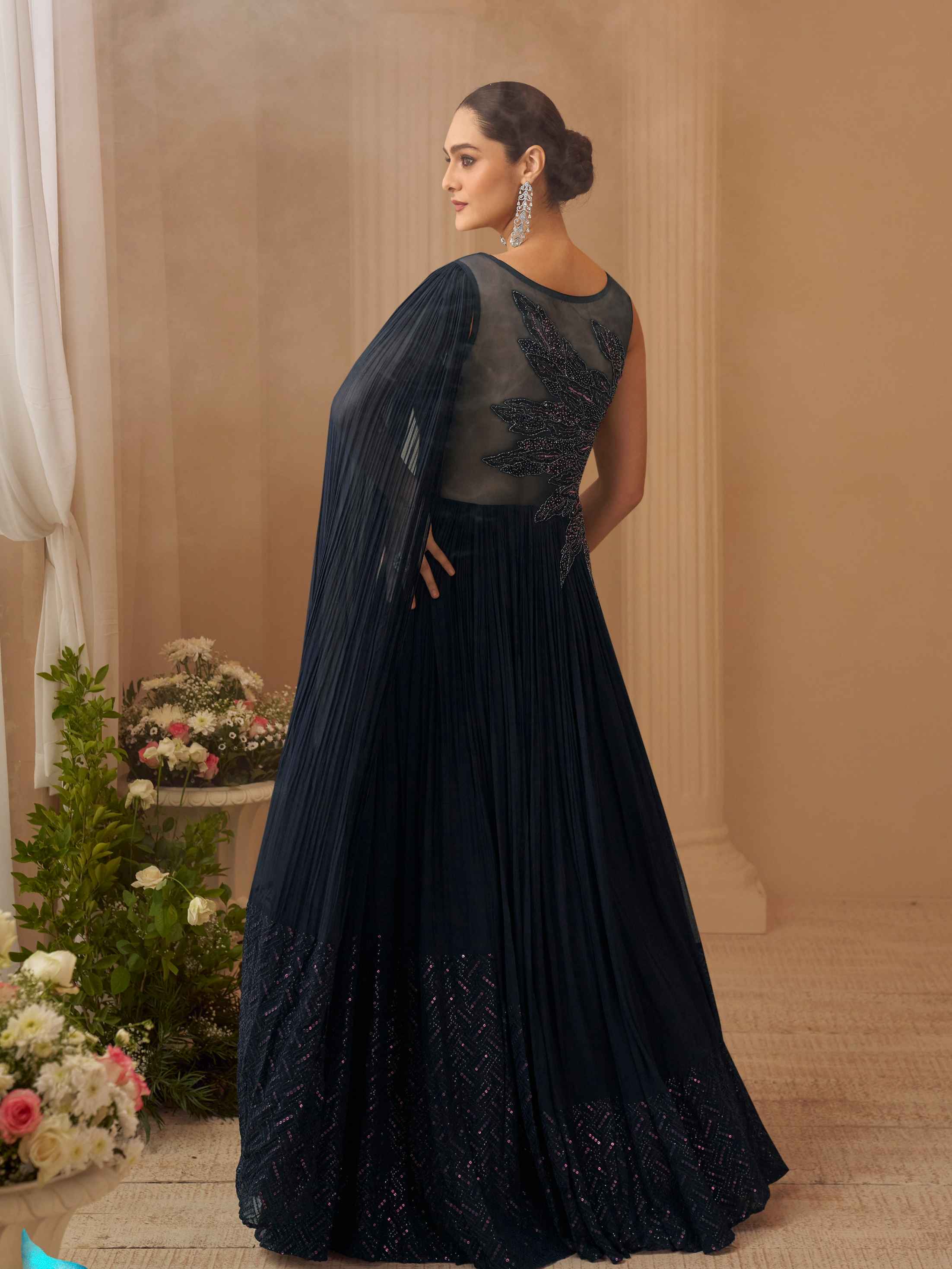 Navy Blue Heavy Embellished Chinon Silk Reception Gown