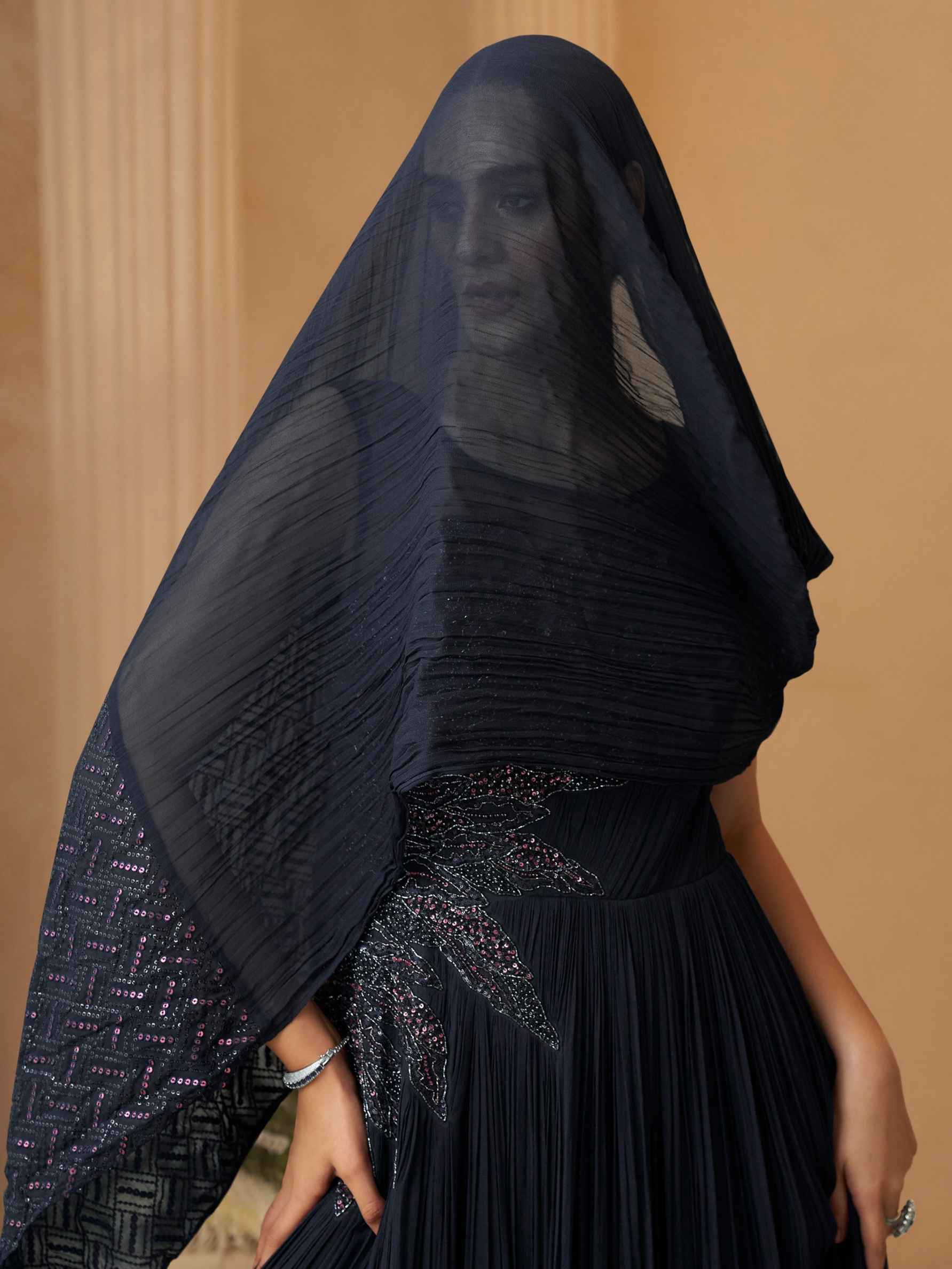 Navy Blue Heavy Embellished Chinon Silk Reception Gown