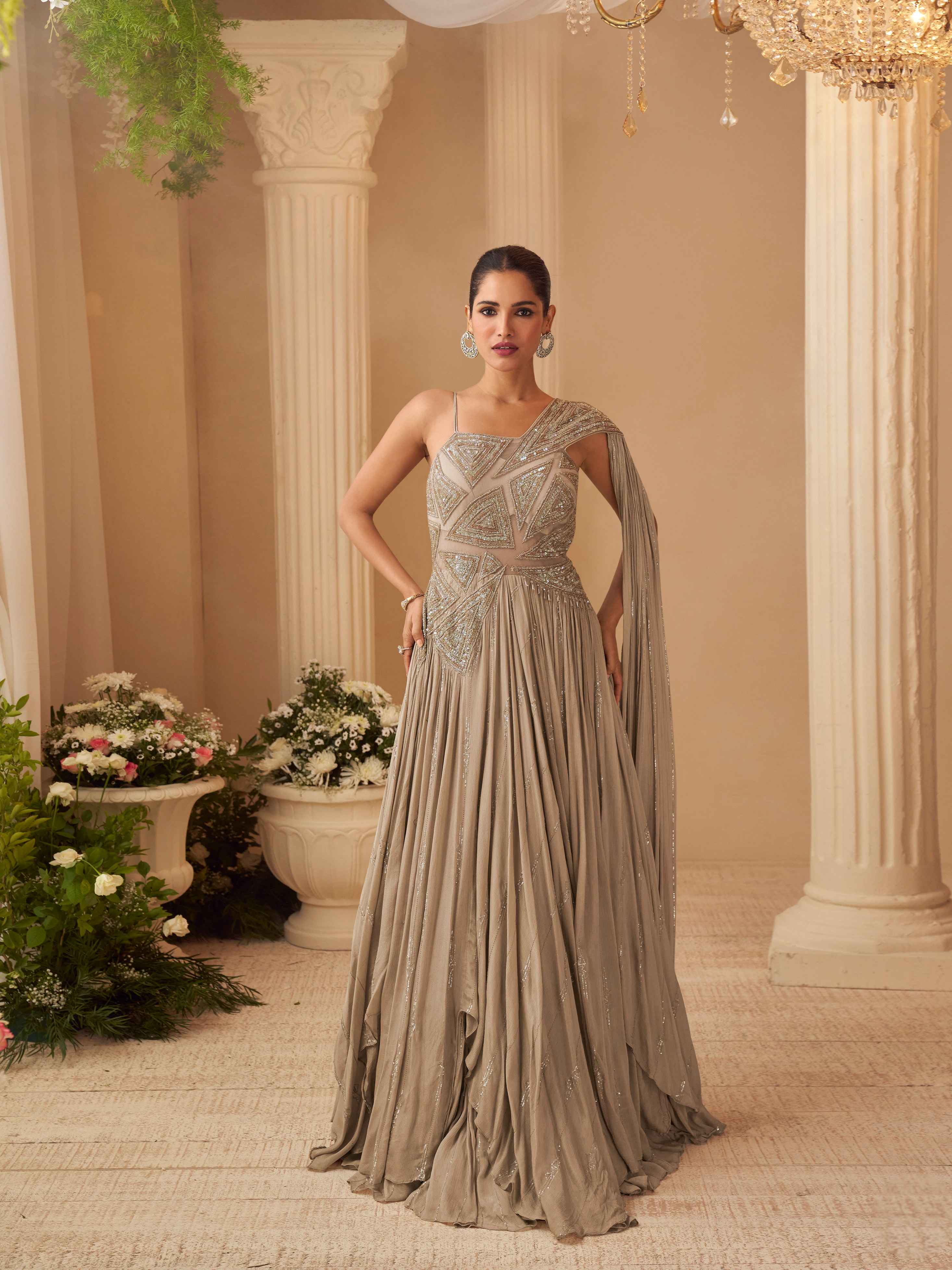 Champagne Beige Heavy Hand Embroidered Chinon Silk Wedding Gown