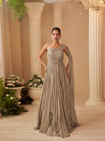 Champagne Beige Heavy Hand Embroidered Chinon Silk Wedding Gown Gown Anant Tex Exports Pvt.Ltd..