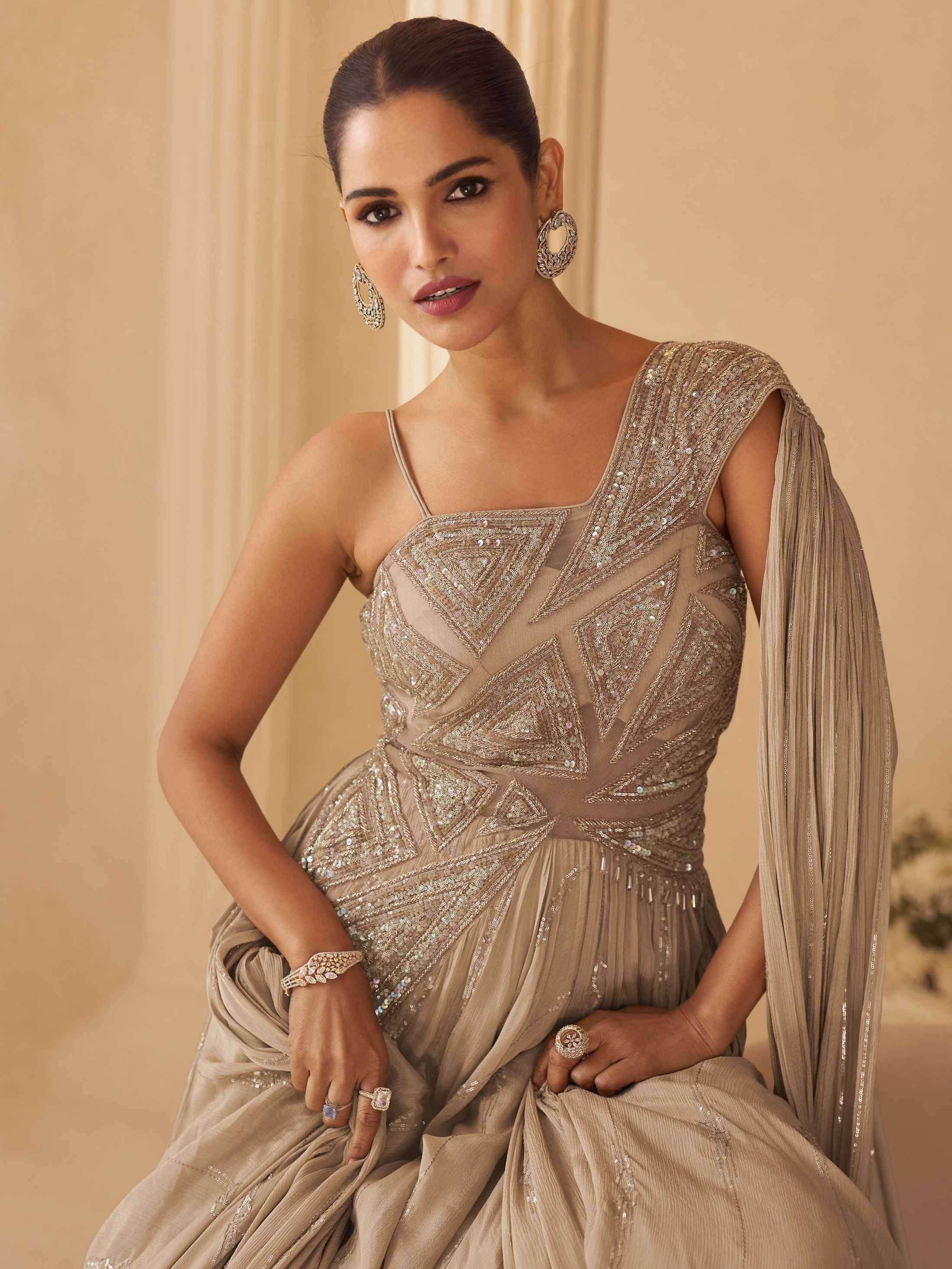 Champagne Beige Heavy Hand Embroidered Chinon Silk Wedding Gown