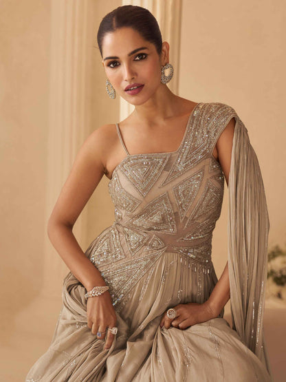 Champagne Beige Heavy Hand Embroidered Chinon Silk Wedding Gown Gown Anant Tex Exports Pvt.Ltd..