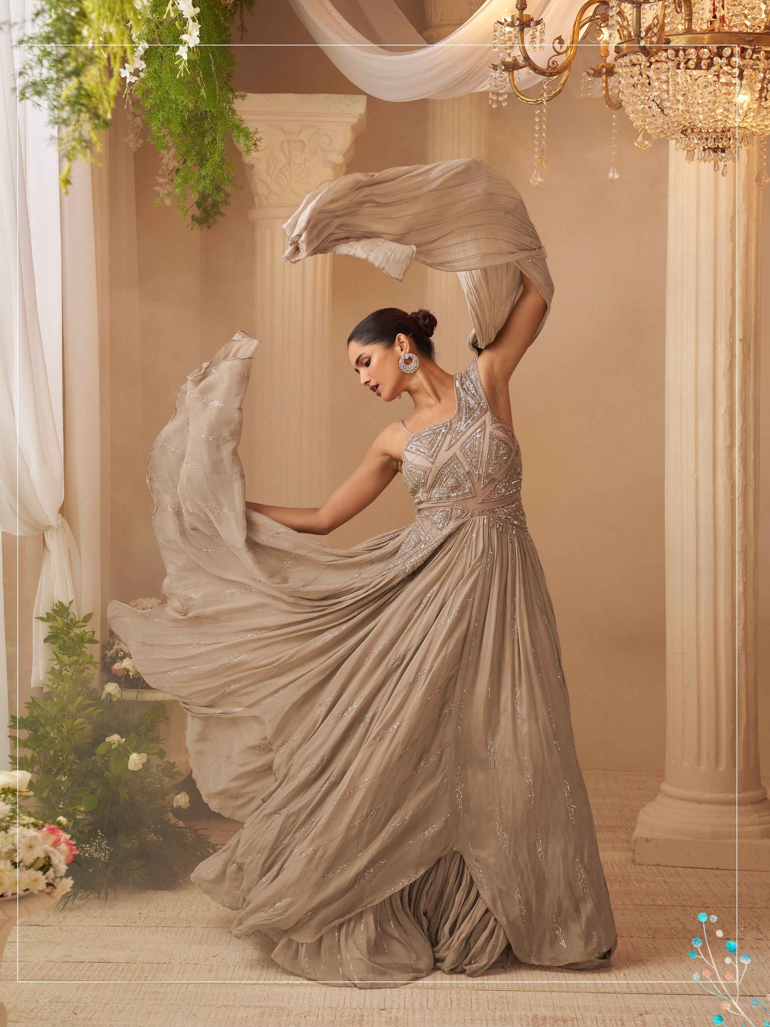 Champagne Beige Heavy Hand Embroidered Chinon Silk Wedding Gown Gown Anant Tex Exports Pvt.Ltd..