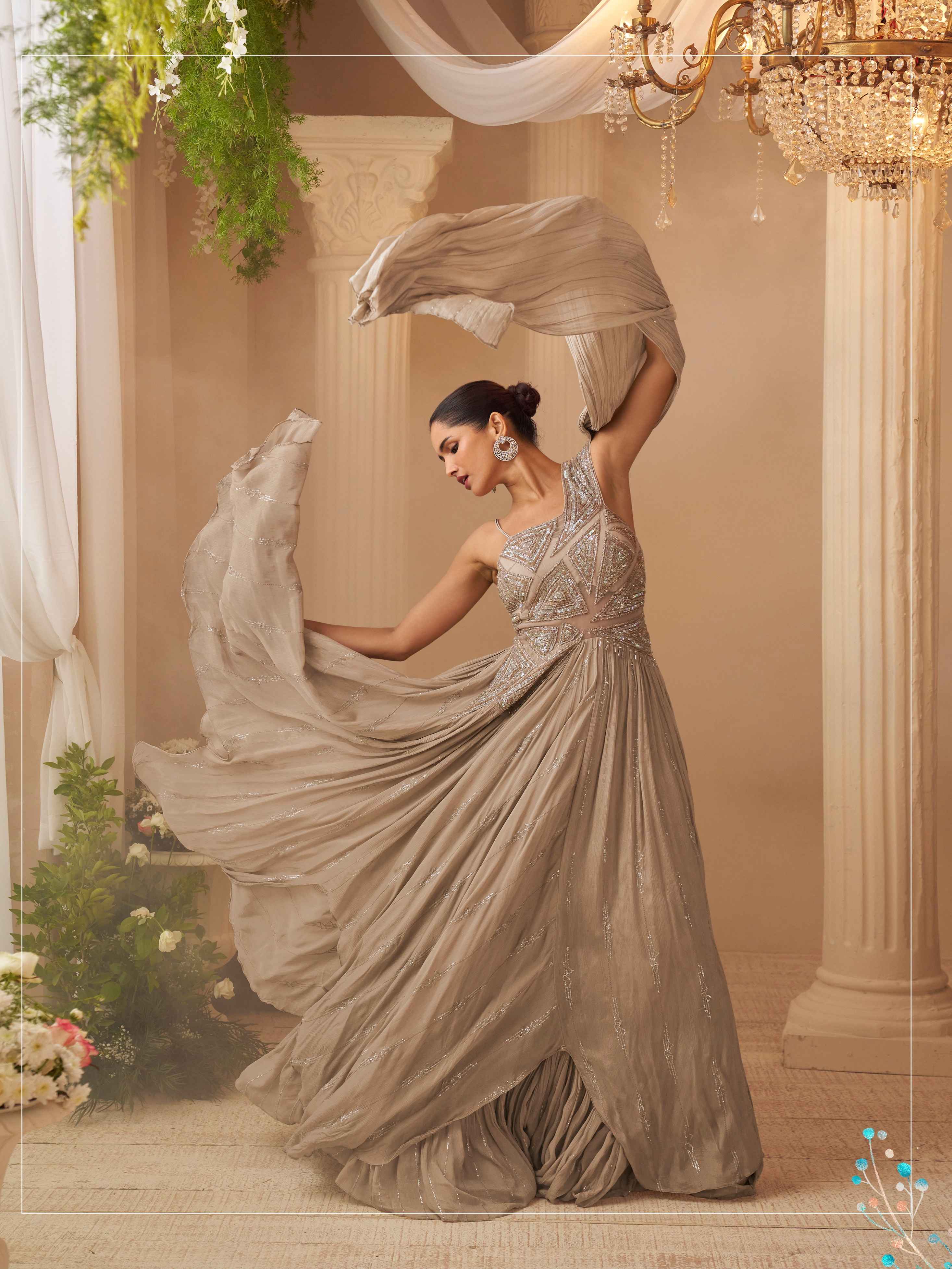 Champagne Beige Heavy Hand Embroidered Chinon Silk Wedding Gown