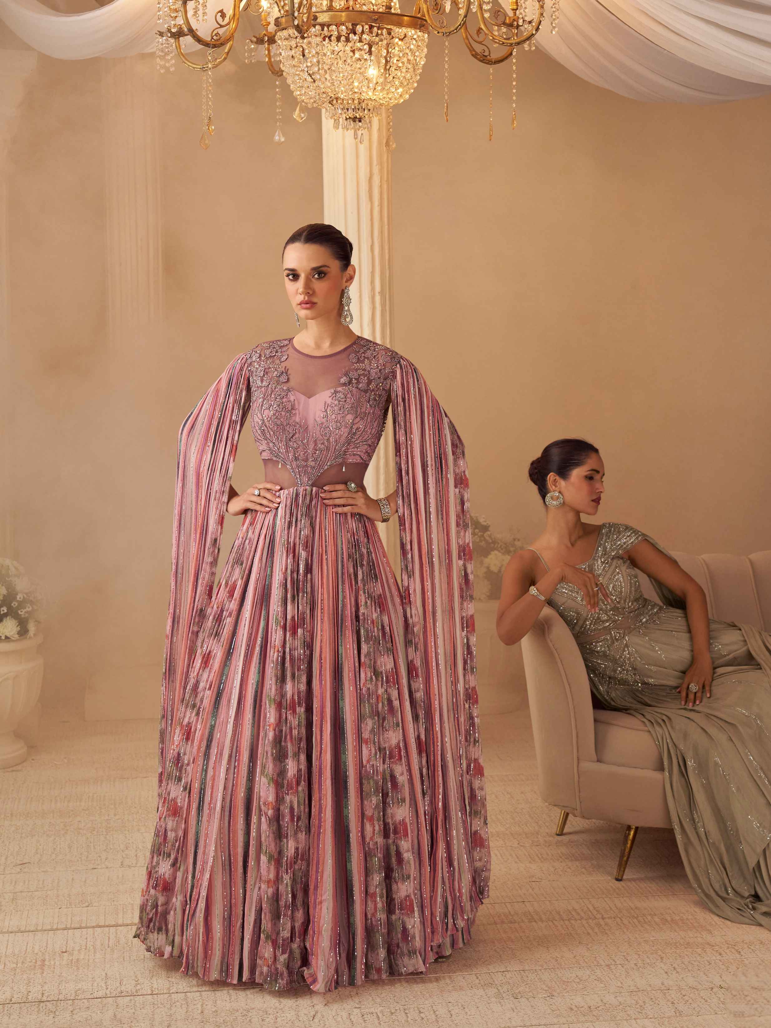 Rose Pink Printed Embroidered Chinon Silk Cape Style Wedding Gown