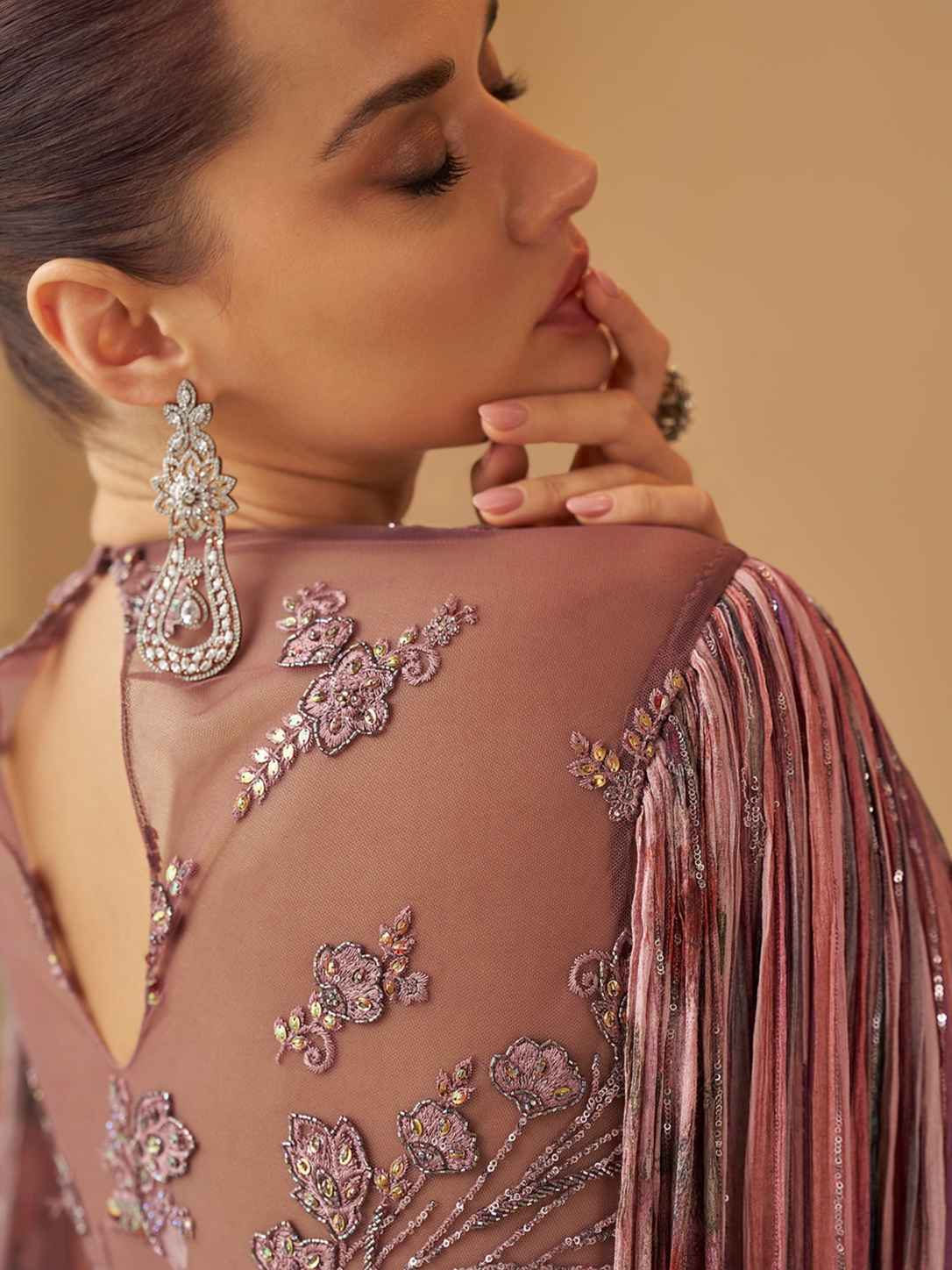 Rose Pink Printed Embroidered Chinon Silk Cape Style Wedding Gown