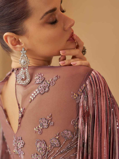 Rose Pink Printed Embroidered Chinon Silk Cape Style Wedding Gown Gown Anant Tex Exports Pvt.Ltd..