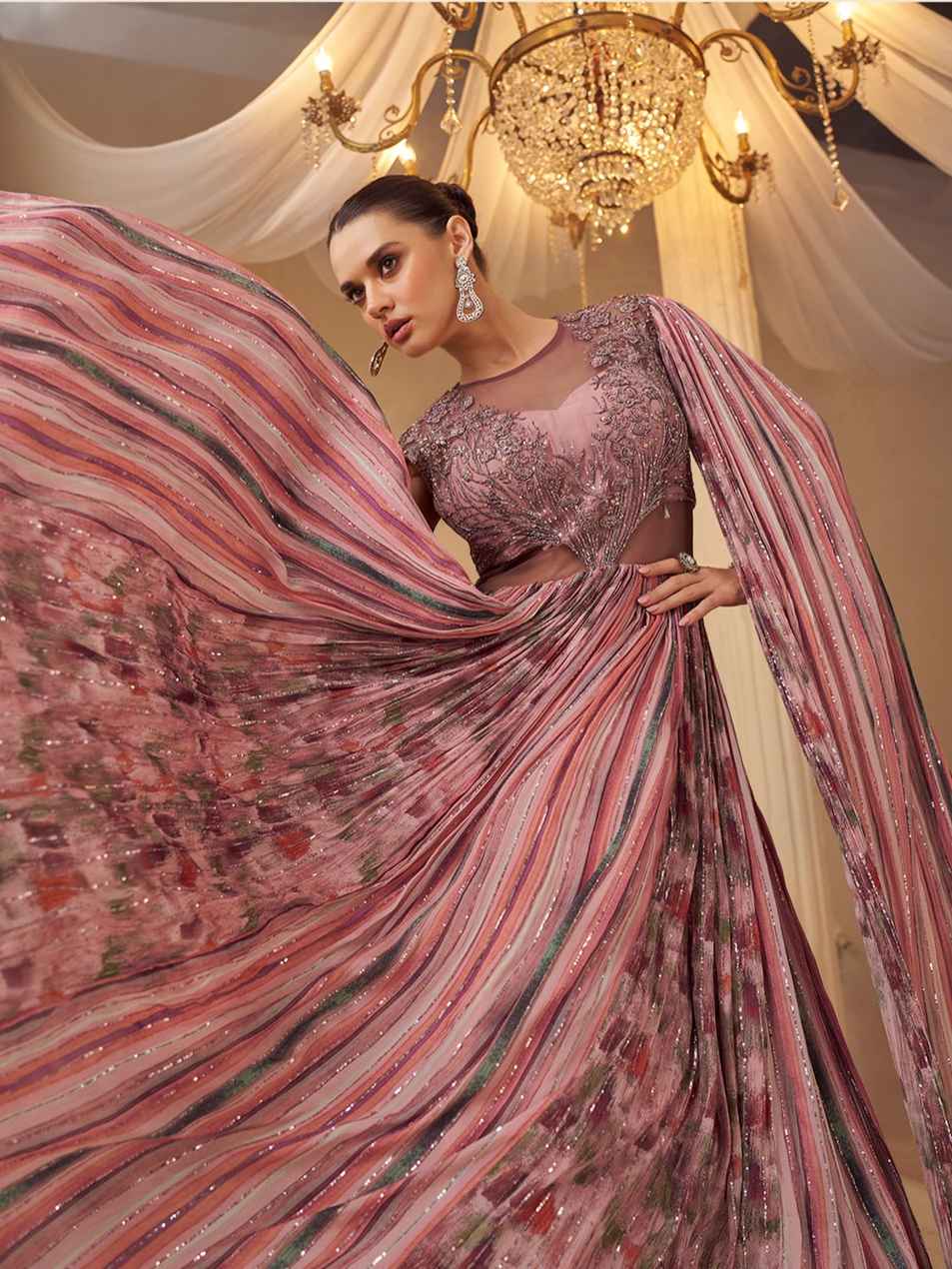 Rose Pink Printed Embroidered Chinon Silk Cape Style Wedding Gown
