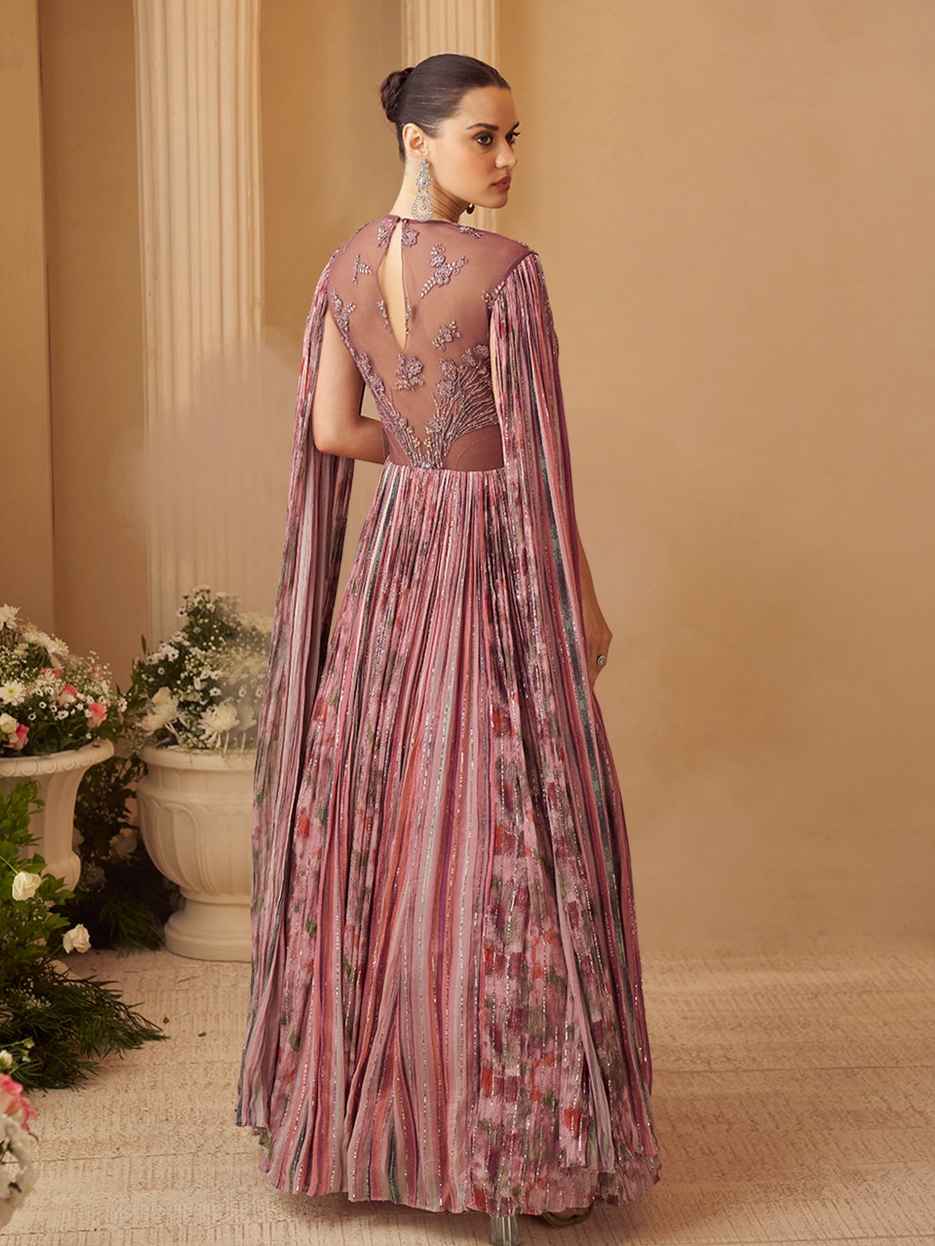 Rose Pink Printed Embroidered Chinon Silk Cape Style Wedding Gown