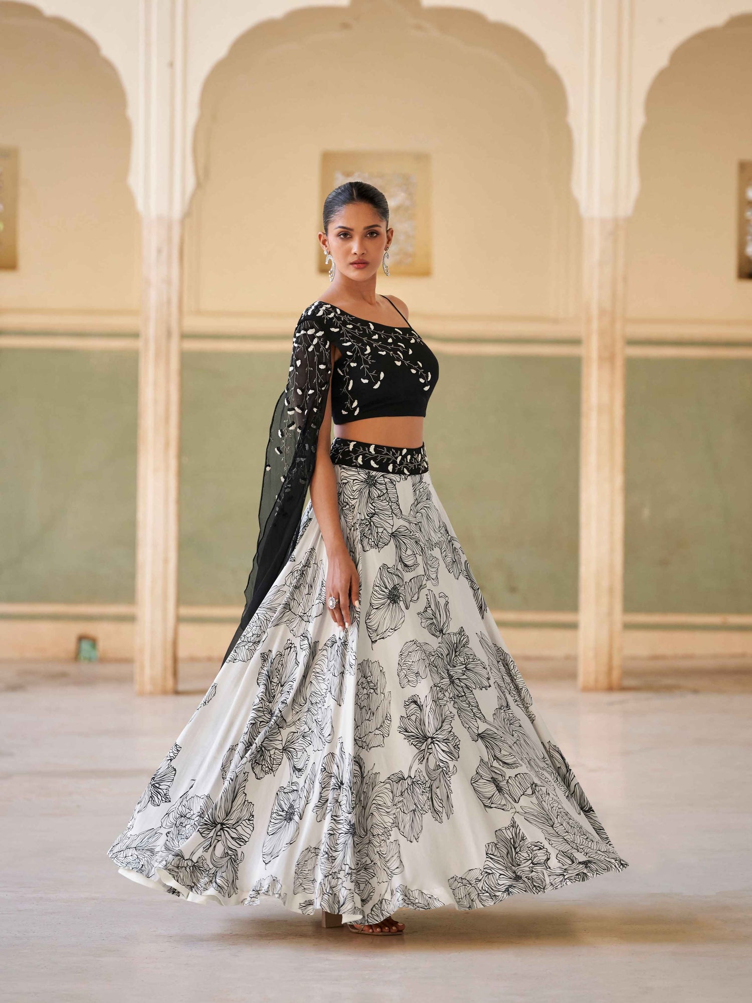Black &amp; White Embroidered Crop Top Lehenga in Premium Chinon Silk Crop Top Lehenga Anant Tex Exports Pvt.Ltd..