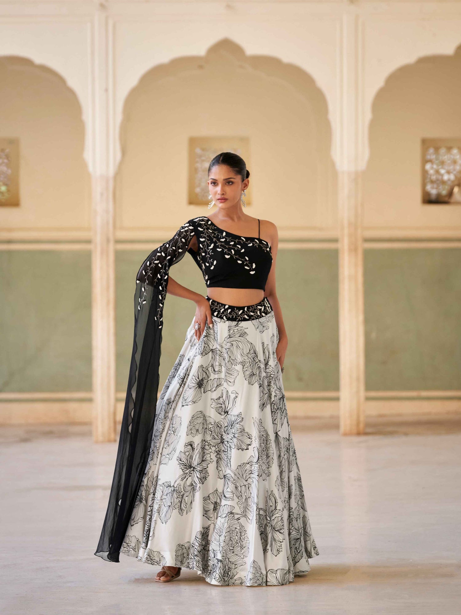 Black &amp; White Embroidered Crop Top Lehenga in Premium Chinon Silk Crop Top Lehenga Anant Tex Exports Pvt.Ltd..