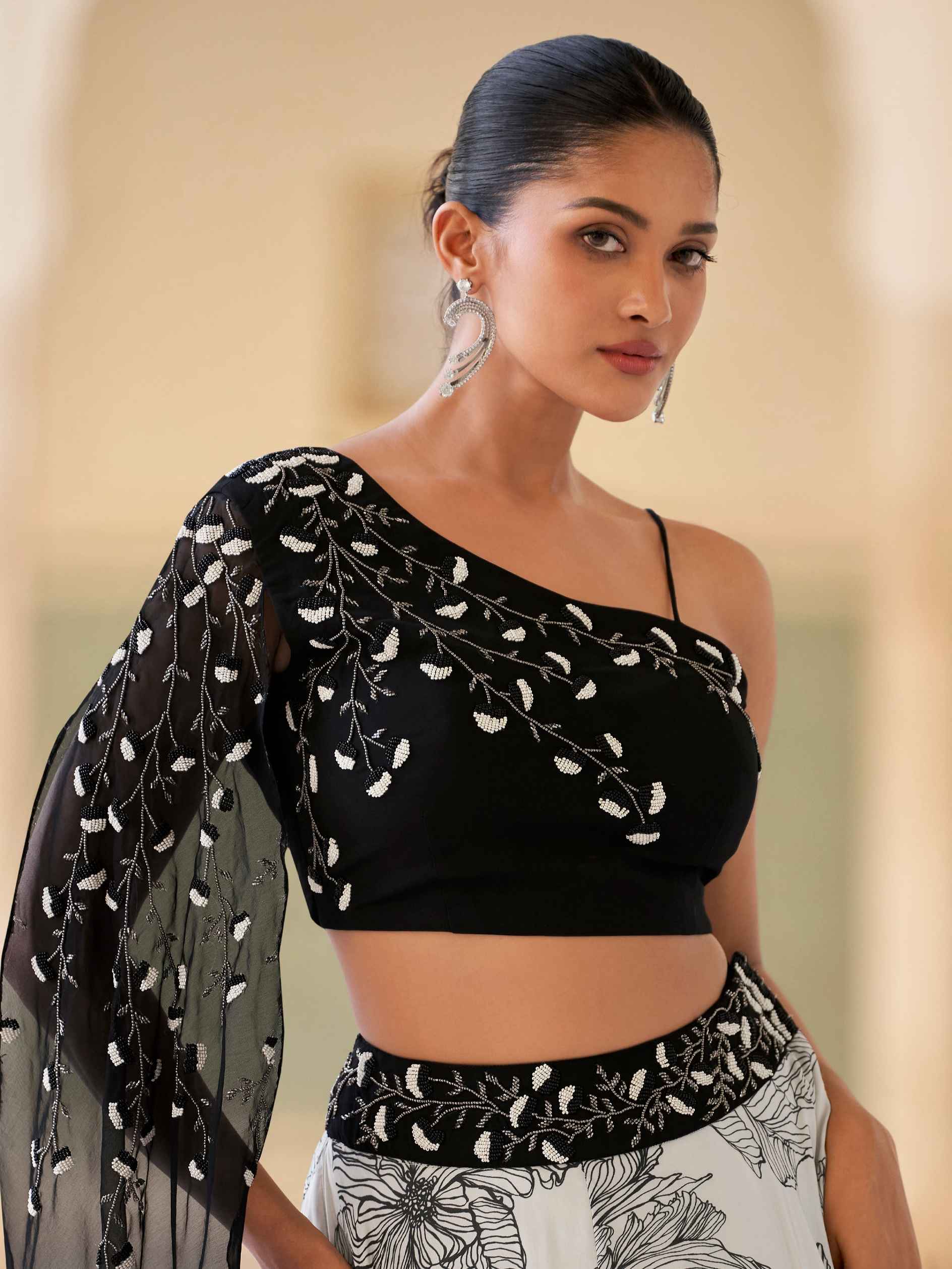 Black & White Embroidered Crop Top Lehenga in Premium Chinon Silk