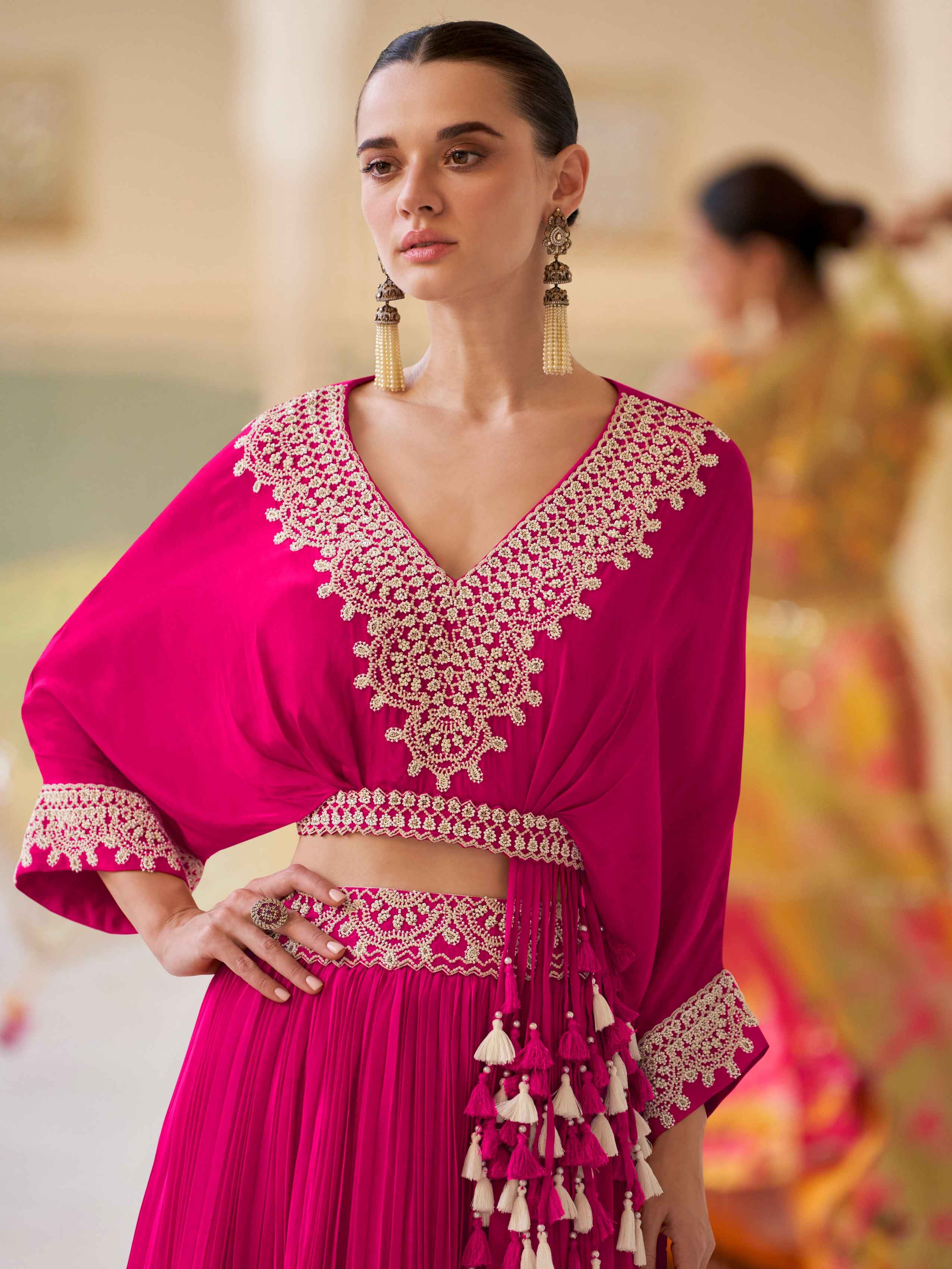 Hot Pink Hand Embroidered Chinon Silk Crop Top Lehenga