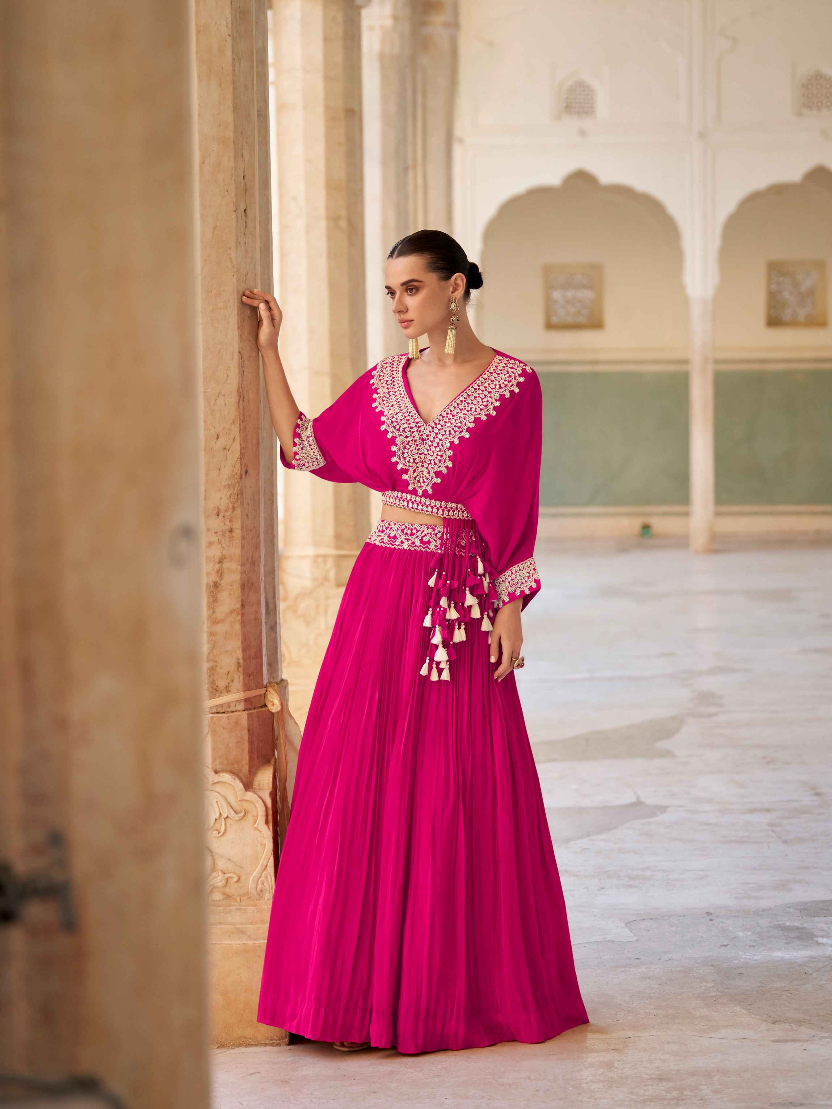 Hot Pink Hand Embroidered Chinon Silk Crop Top Lehenga