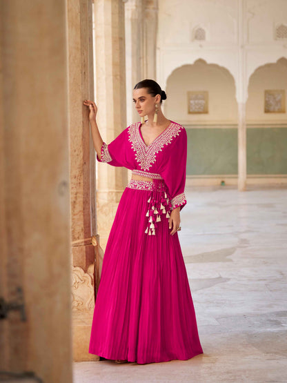 Hot Pink Hand Embroidered Chinon Silk Crop Top Lehenga Crop Top Lehenga Anant Tex Exports Pvt.Ltd..