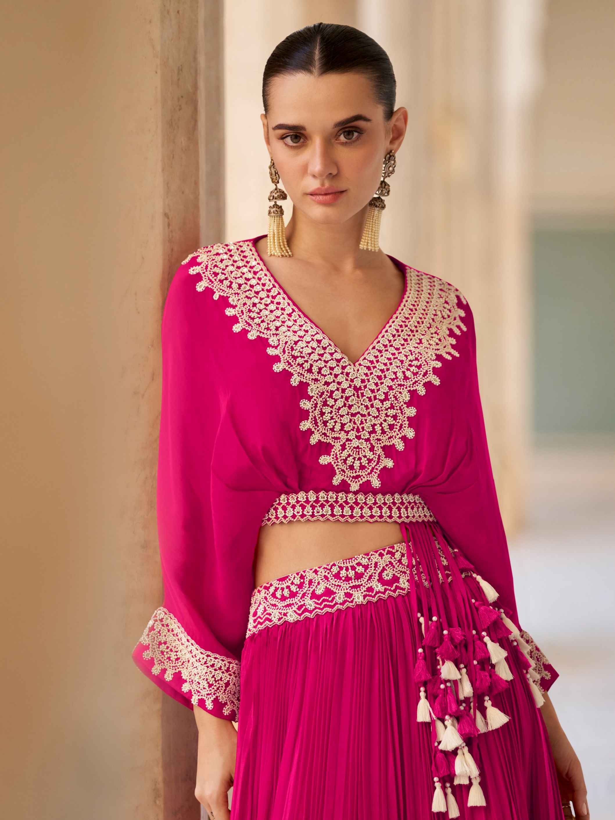 Hot Pink Hand Embroidered Chinon Silk Crop Top Lehenga