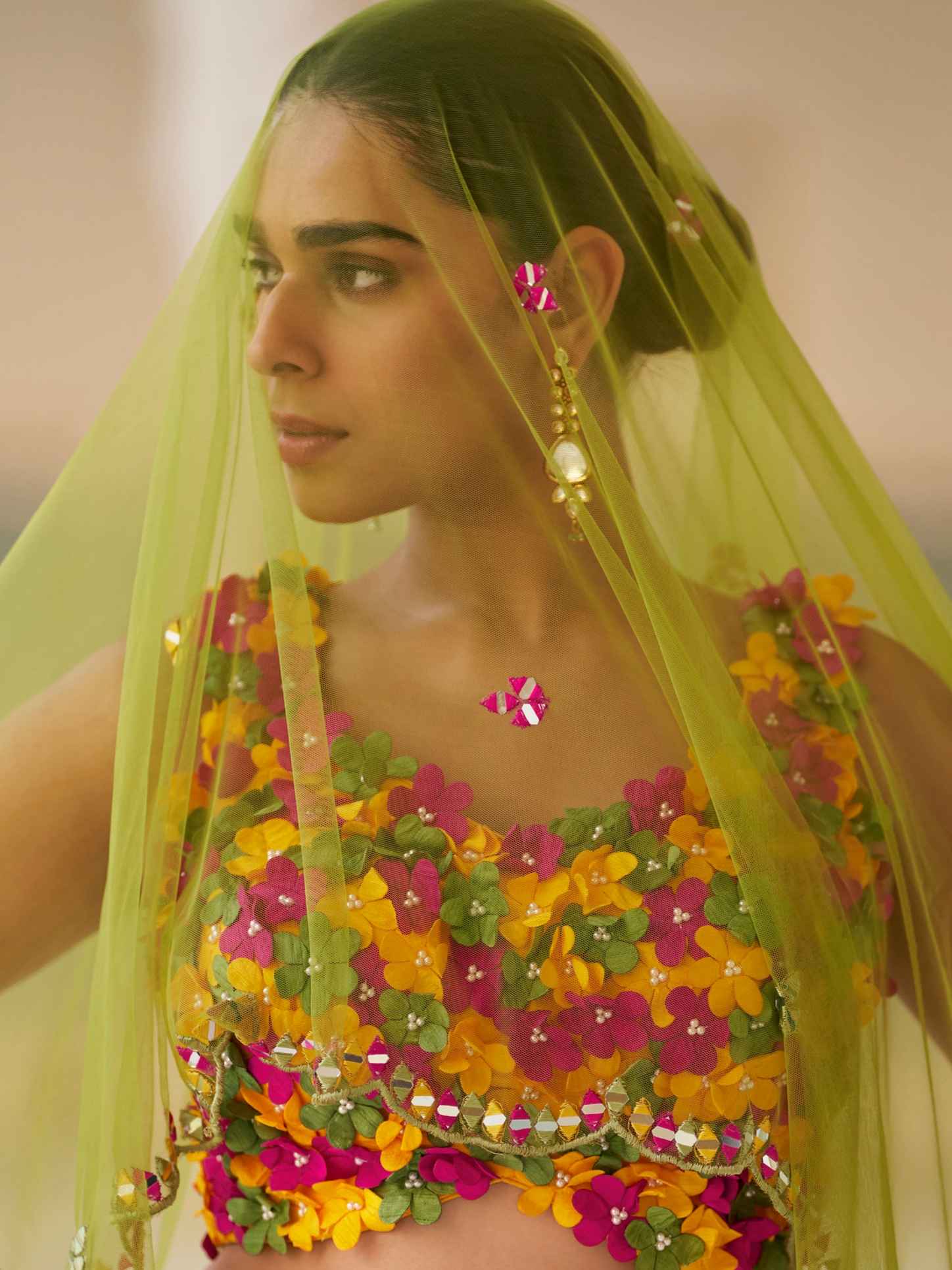 Yellow & Pink Hand Embroidered Floral Lehenga with Green Dupatta