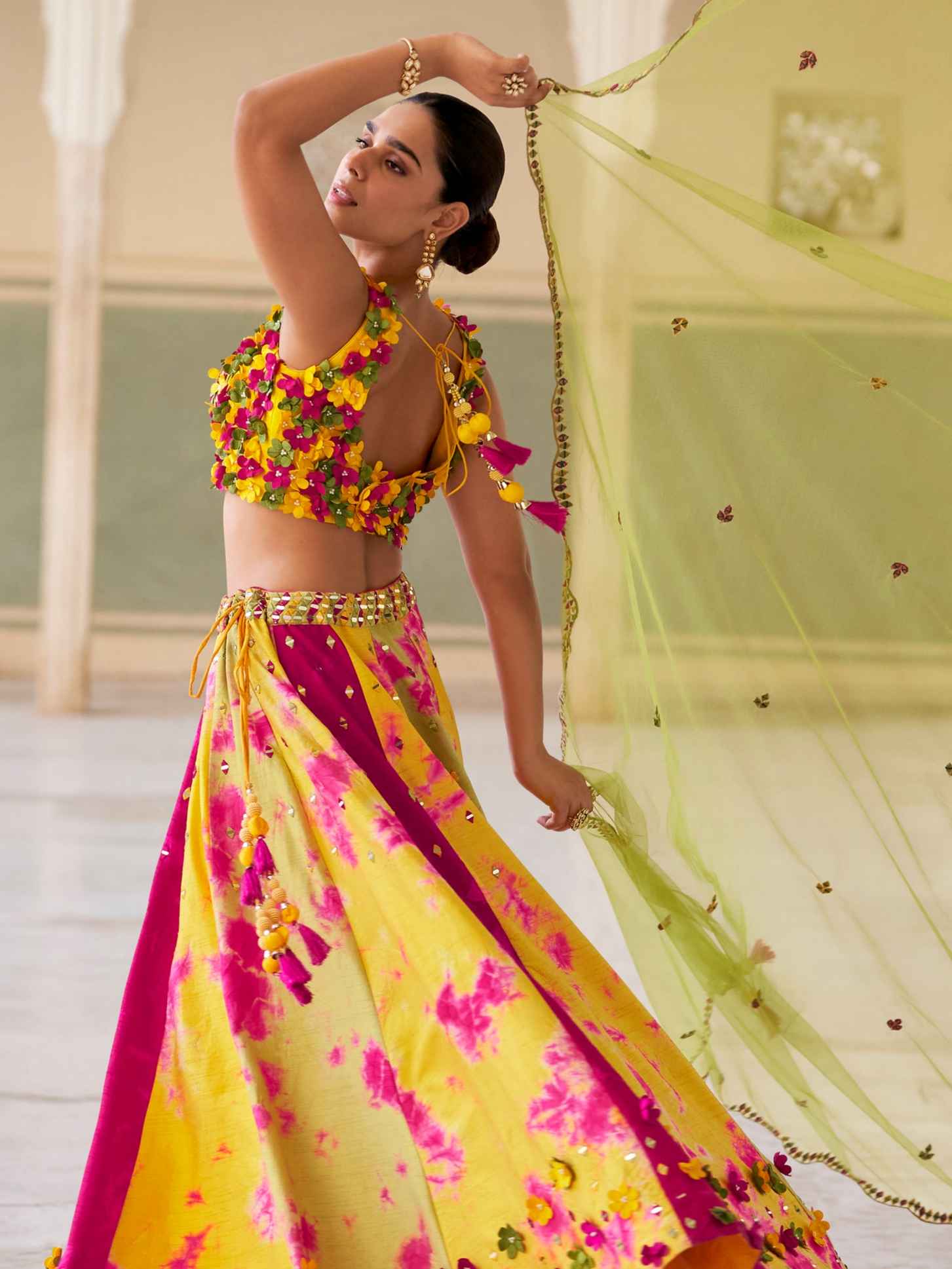 Yellow & Pink Hand Embroidered Floral Lehenga with Green Dupatta