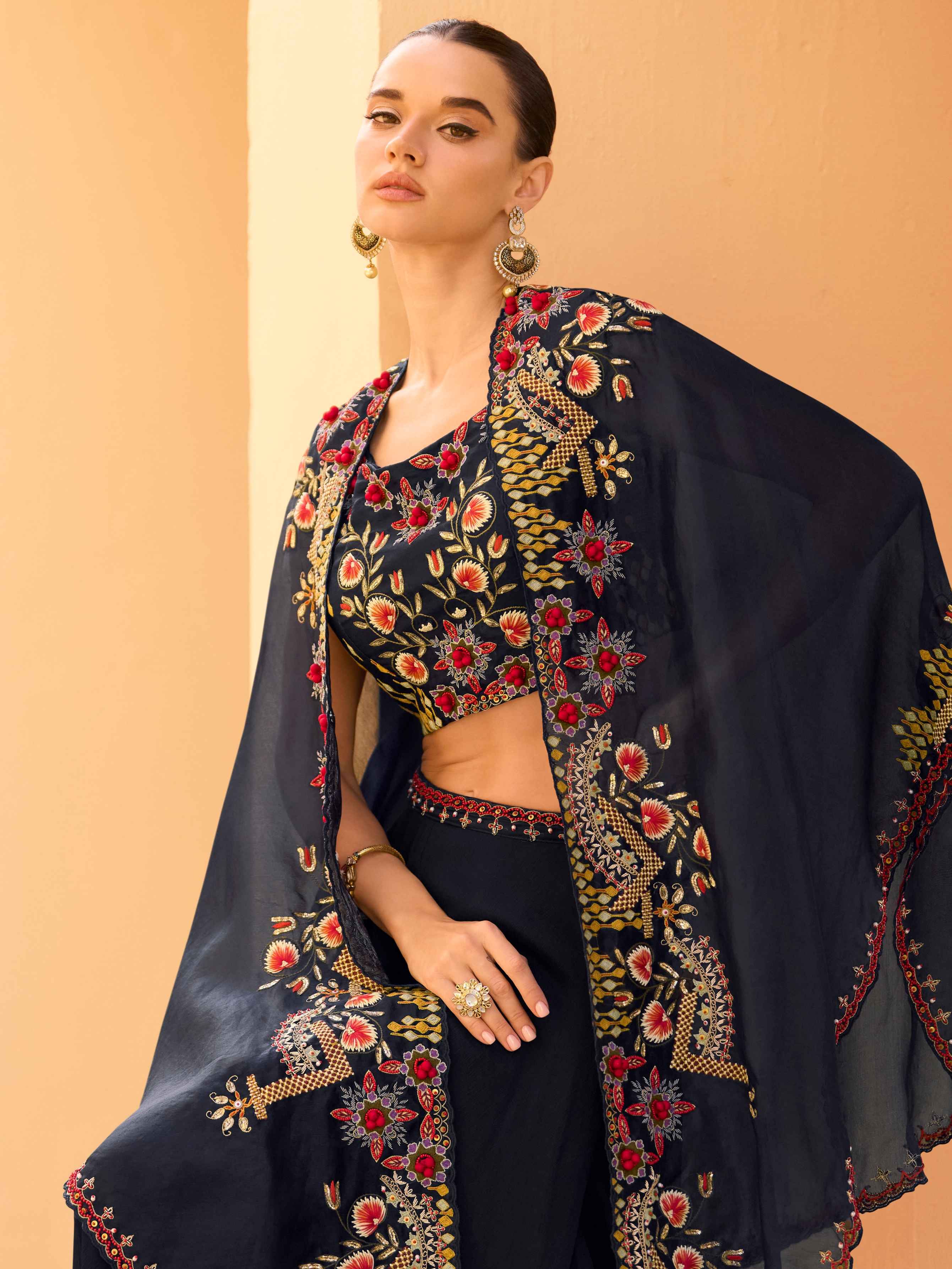 Navy Blue Real Chinon Embroidered Shrug Palazzo Set