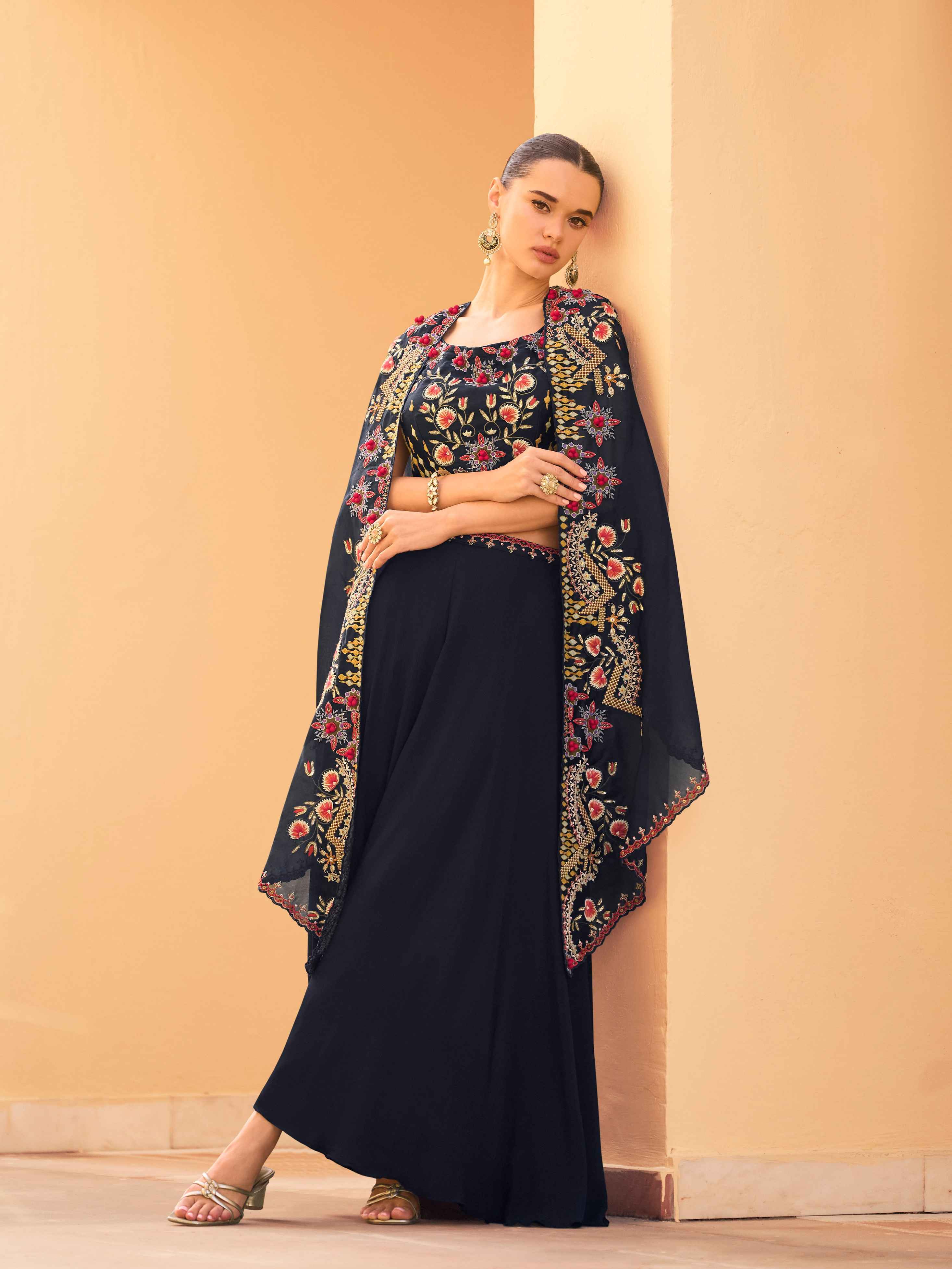 Navy Blue Real Chinon Embroidered Shrug Palazzo Set