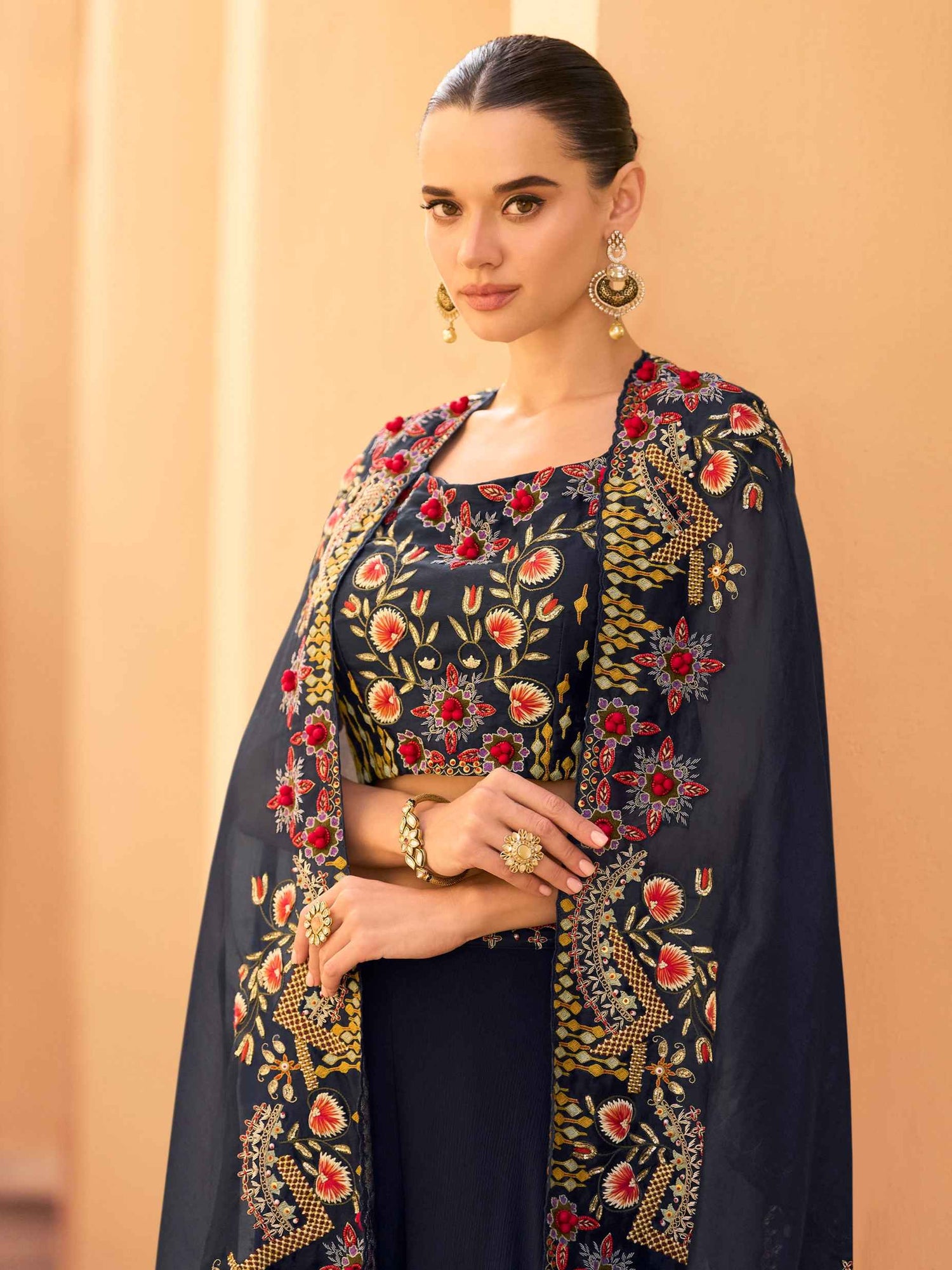 Navy Blue Real Chinon Embroidered Shrug Palazzo Set Palazzo Set Anant Tex Exports Pvt.Ltd..