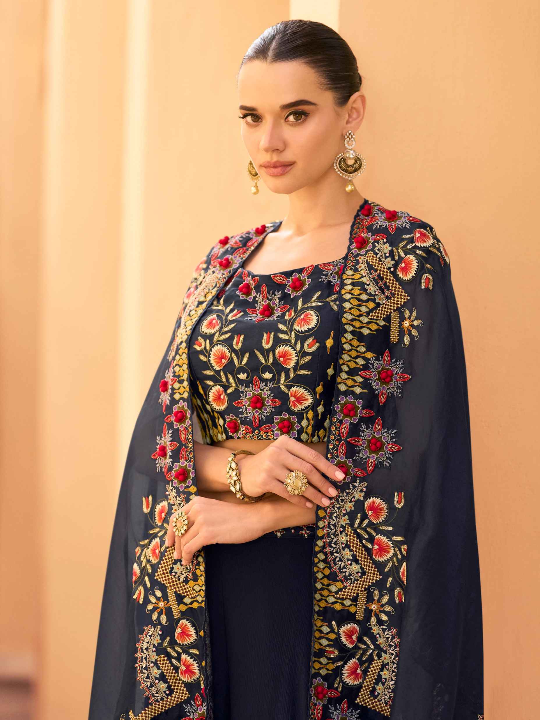 Navy Blue Real Chinon Embroidered Shrug Palazzo Set