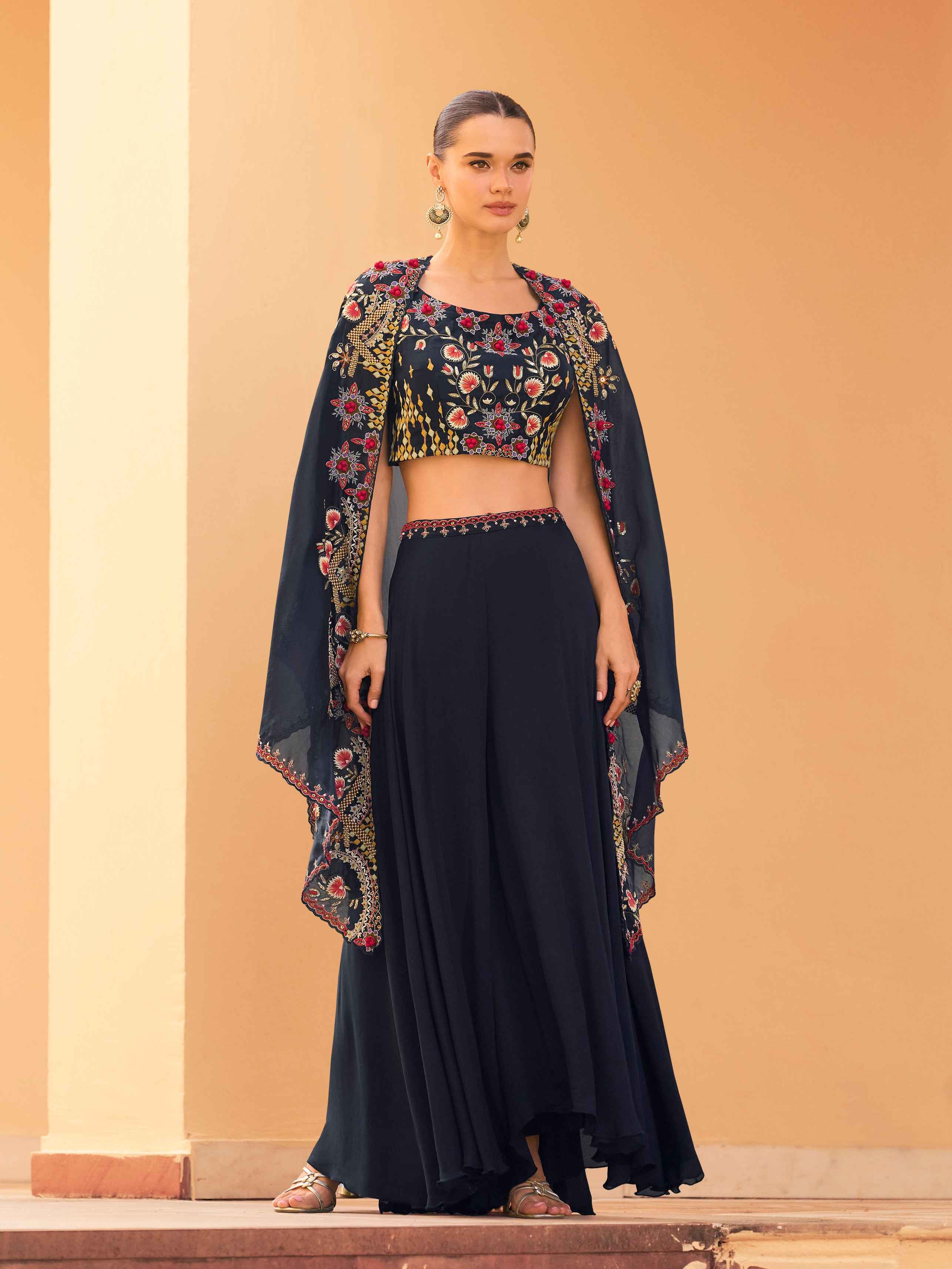 Navy Blue Real Chinon Embroidered Shrug Palazzo Set