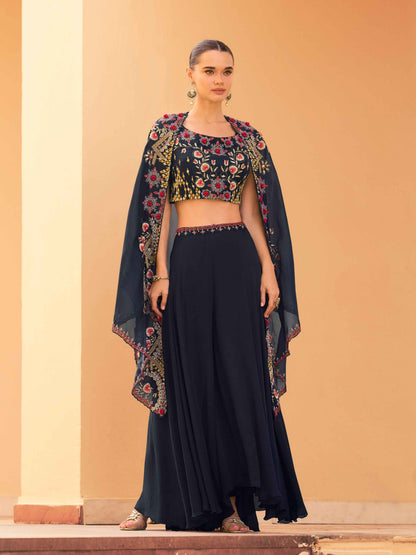 Navy Blue Real Chinon Embroidered Shrug Palazzo Set Palazzo Set Anant Tex Exports Pvt.Ltd..