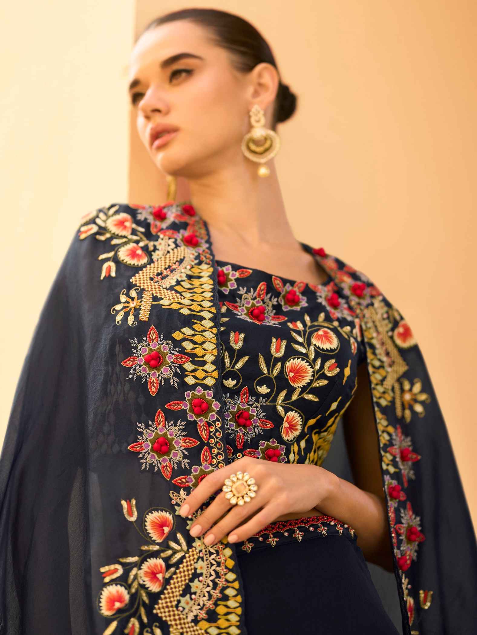 Navy Blue Real Chinon Embroidered Shrug Palazzo Set