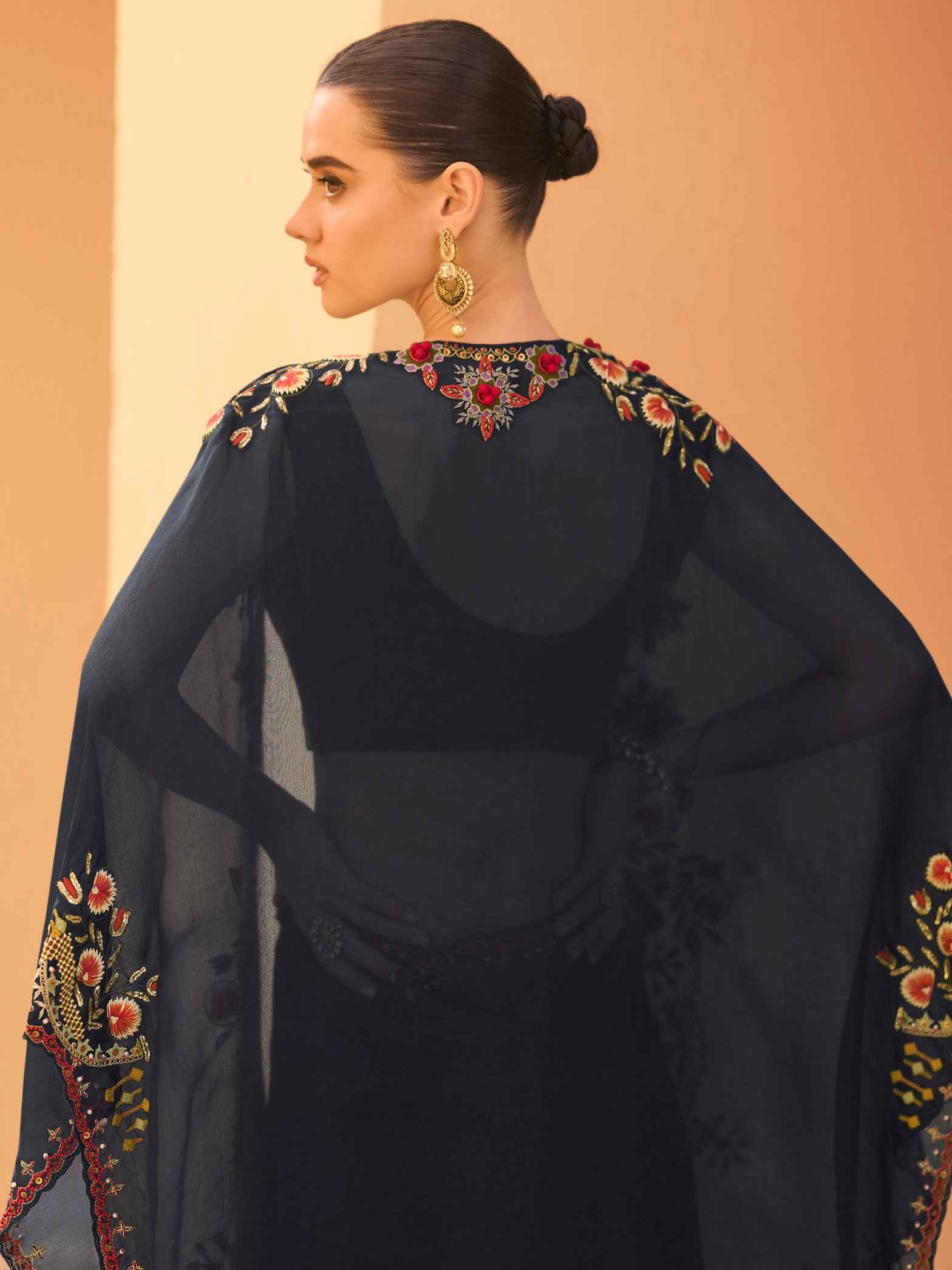 Navy Blue Real Chinon Embroidered Shrug Palazzo Set