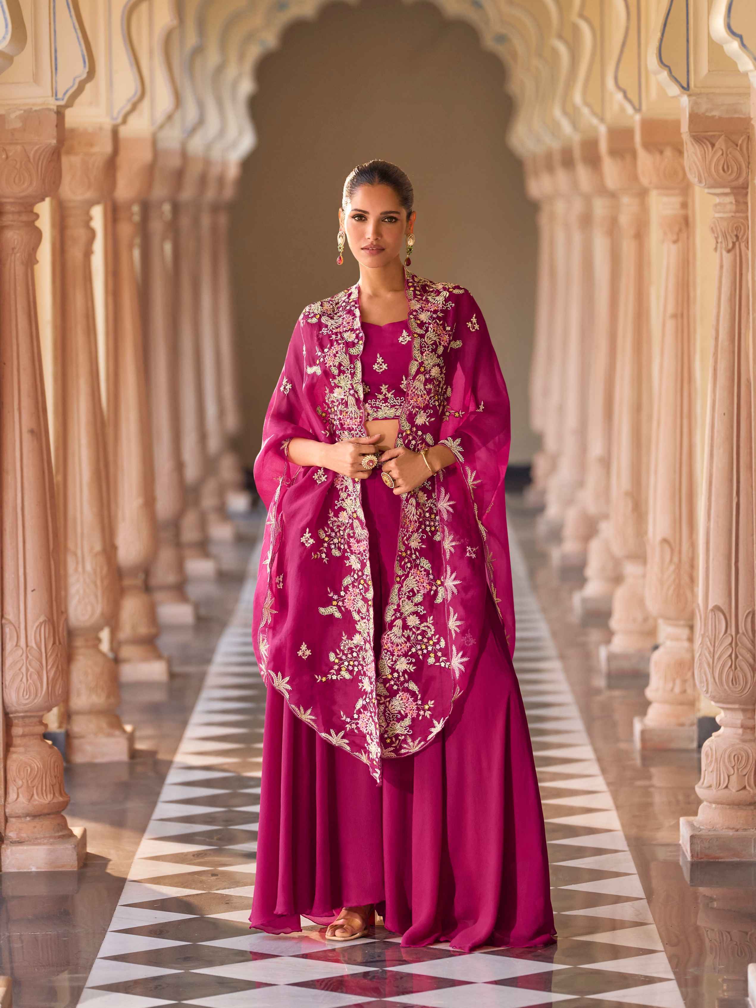 Magenta Embroidered Chinon Shrug Palazzo Set