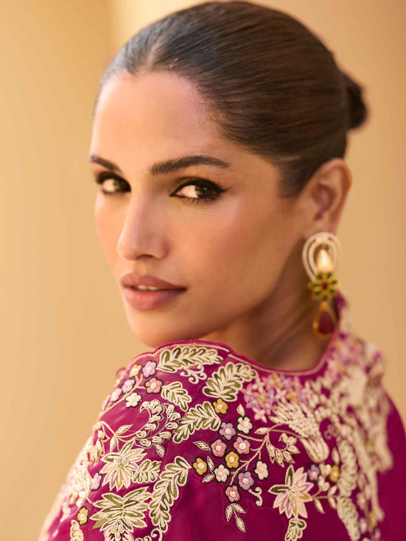 Magenta Embroidered Chinon Shrug Palazzo Set