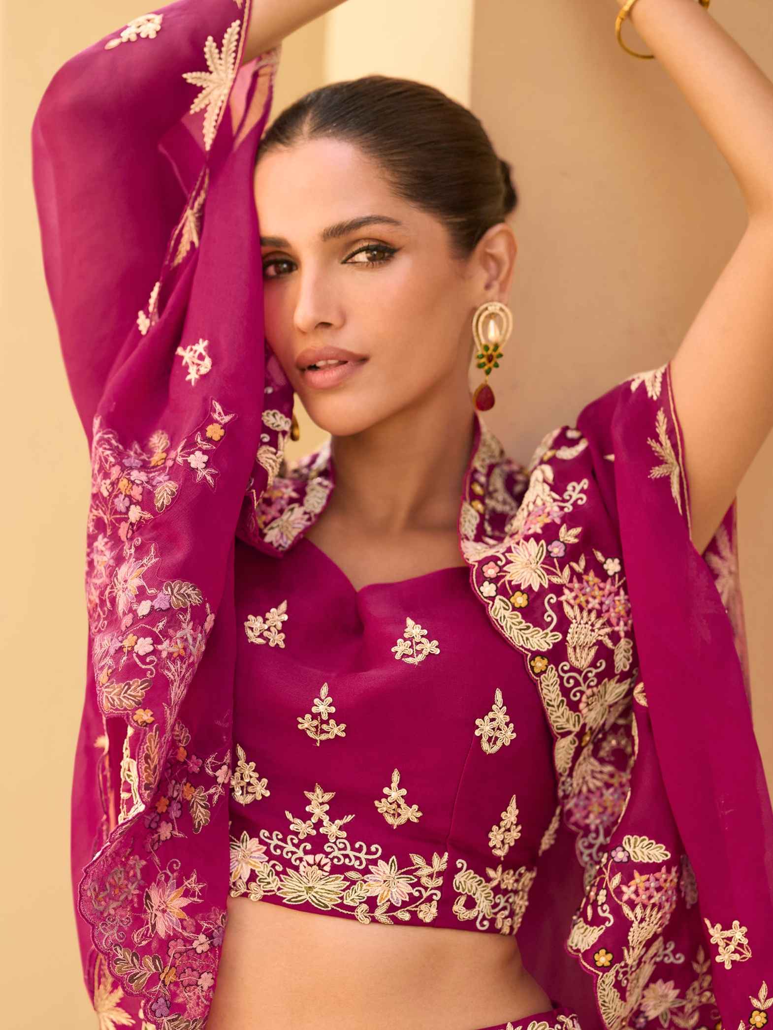 Magenta Embroidered Chinon Shrug Palazzo Set