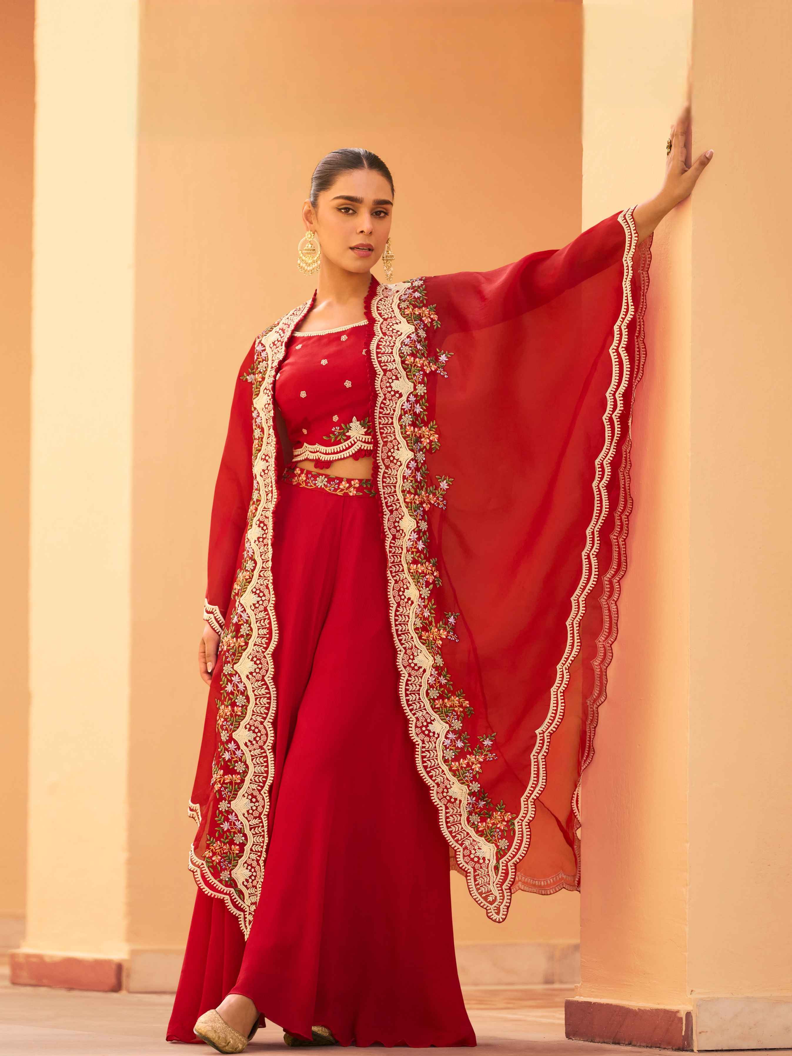 Red Heavy Embroidered Shrug Palazzo Set