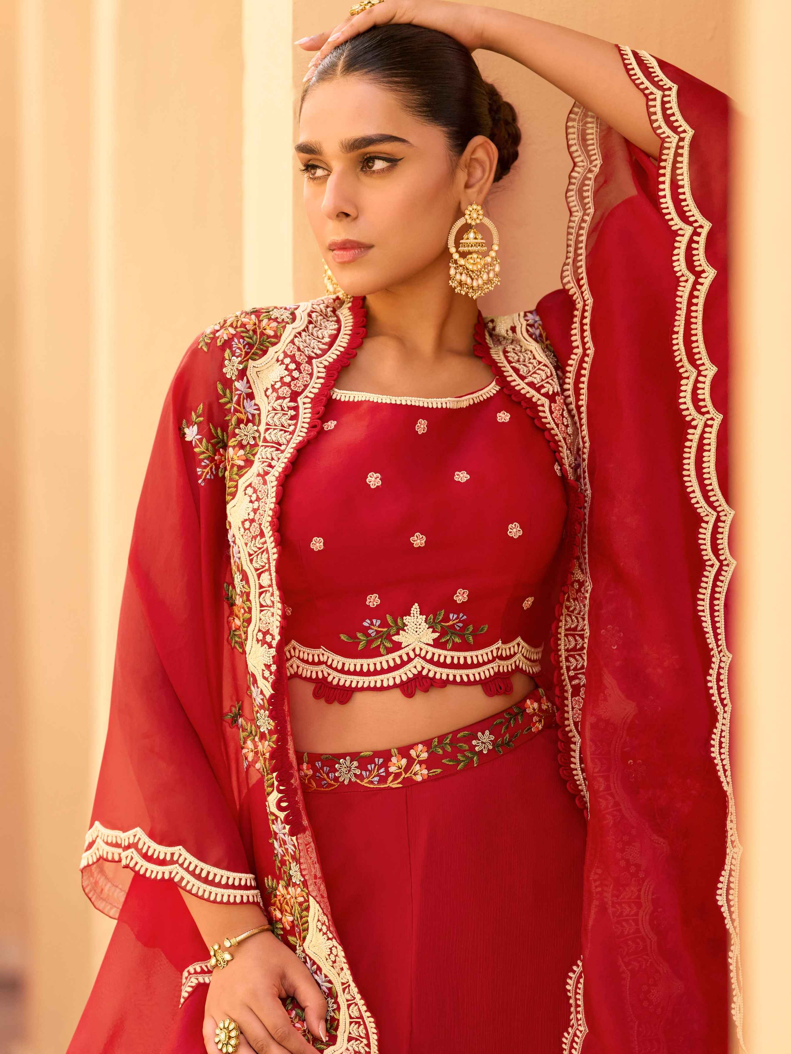 Red Heavy Embroidered Shrug Palazzo Set